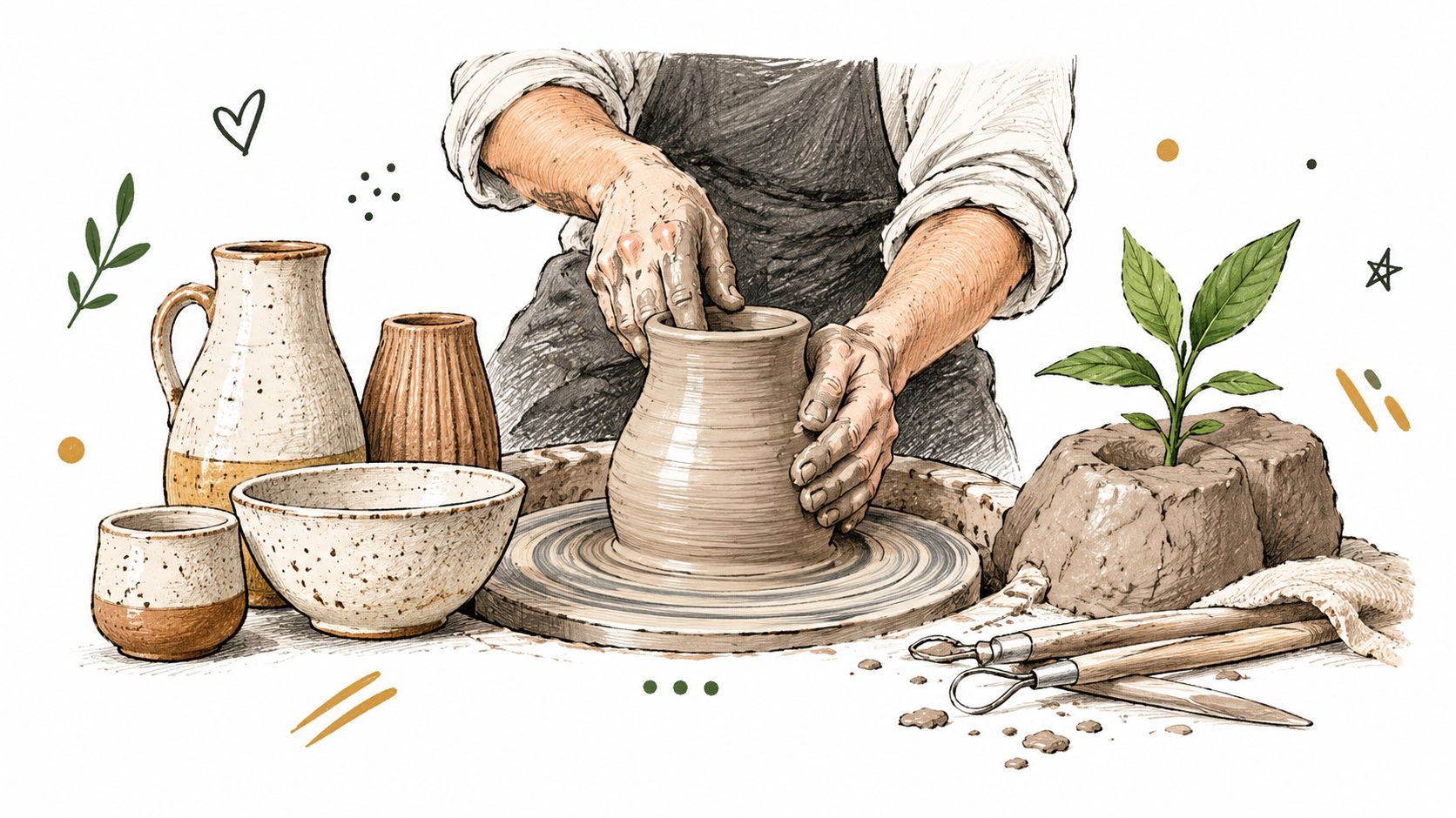 Un artigiano modella un vaso di argilla al tornio accanto a vari oggetti in ceramica e una pianta.