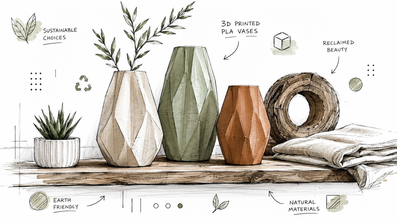 Schizzo artistico che mostra vasi di design sostenibile, piante e tessuti naturali posizionati su una mensola di legno.