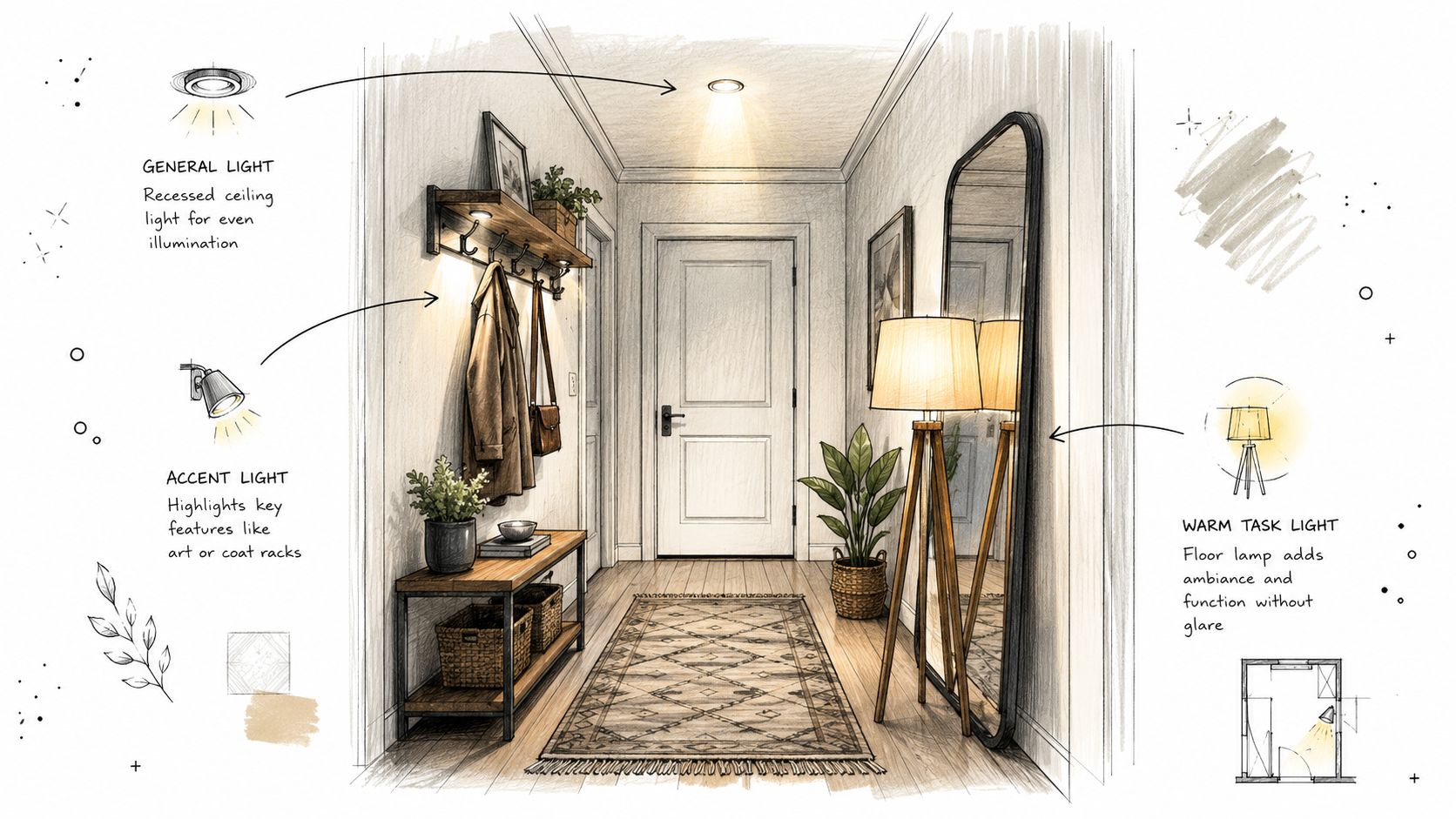 Uno schizzo progettuale che illustra diverse tecniche di illuminazione per un ingresso domestico accogliente e moderno.