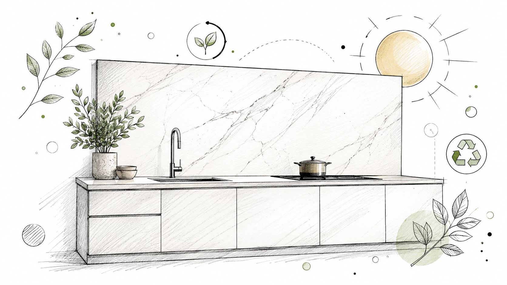 Disegno stilizzato di una cucina moderna con piano di lavoro in marmo, piante e icone ecologiche sostenibili.