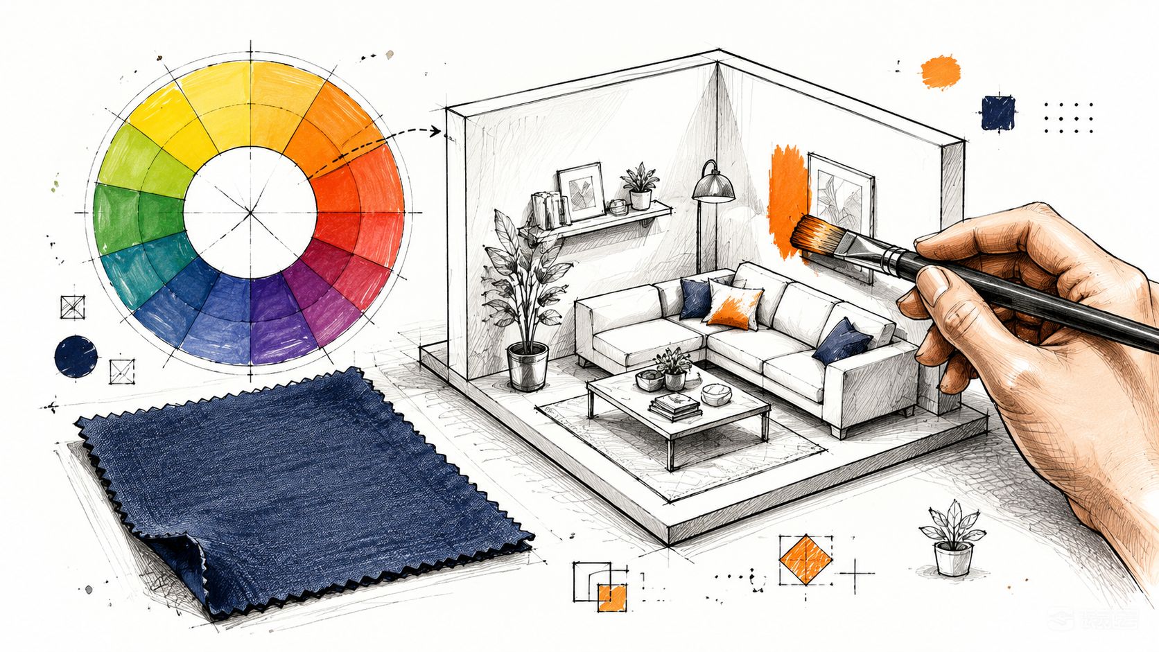 Illustrazione di un interior designer che colora una parete di arancione, complementare del blu, su un bozzetto.