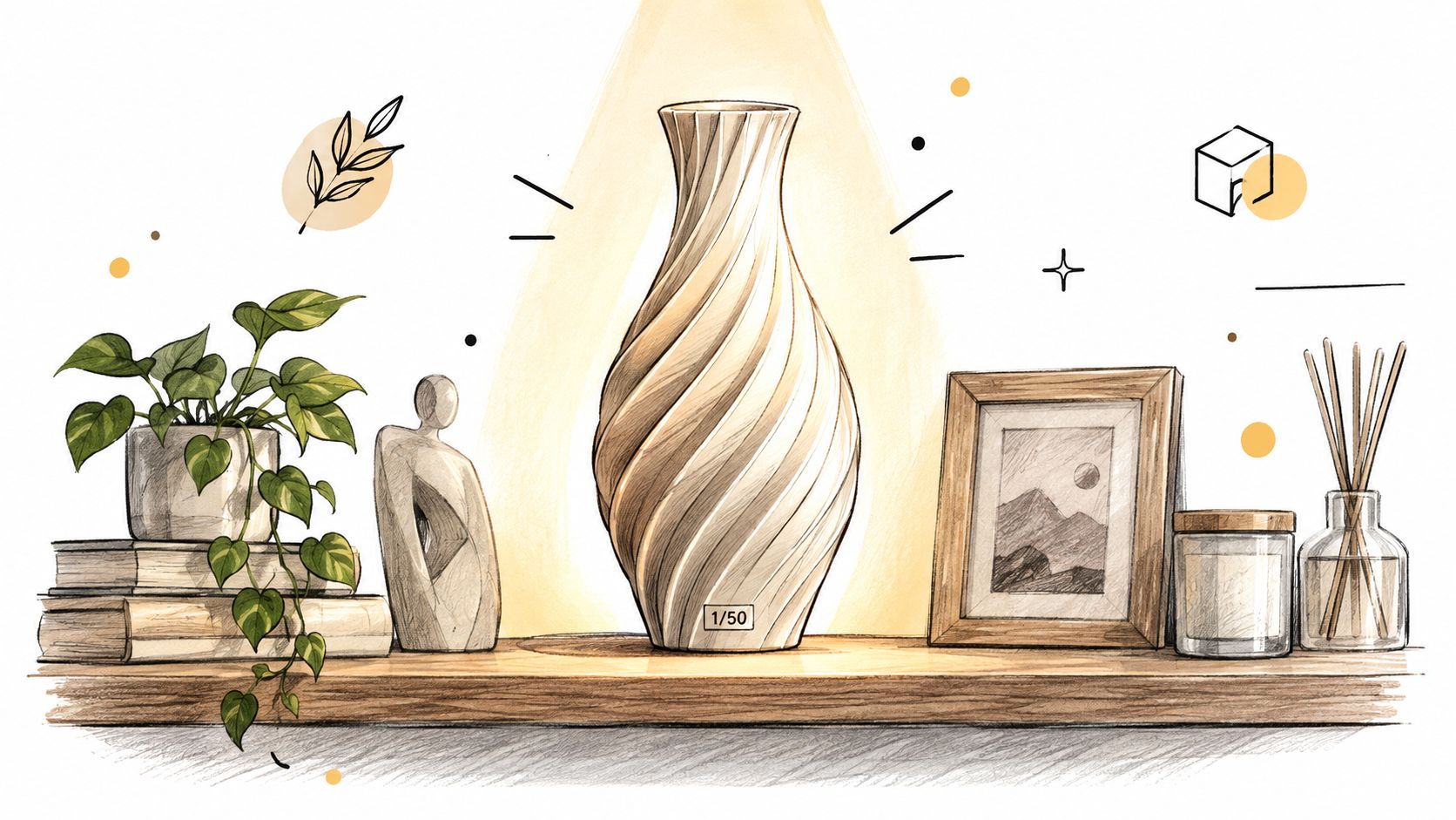 Un vaso moderno e decorativo posizionato su una mensola di legno accanto a piante e altri oggetti ornamentali.