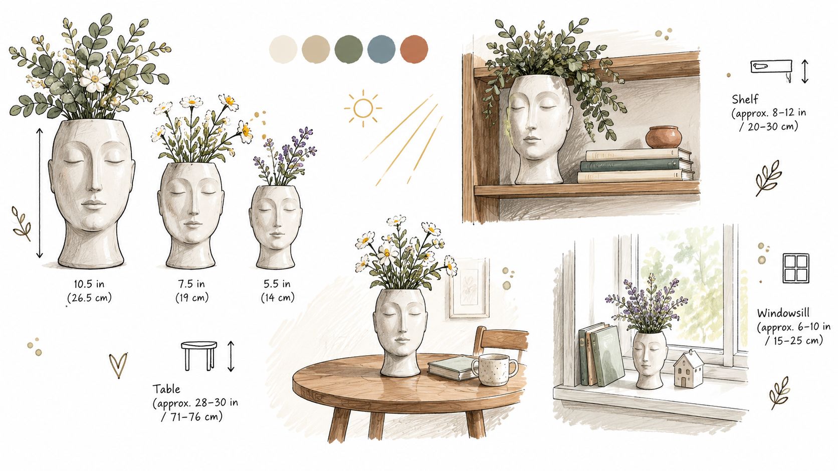 Illustrazione artistica che mostra vasi decorativi a forma di testa umana con piante e fiori in diversi ambienti