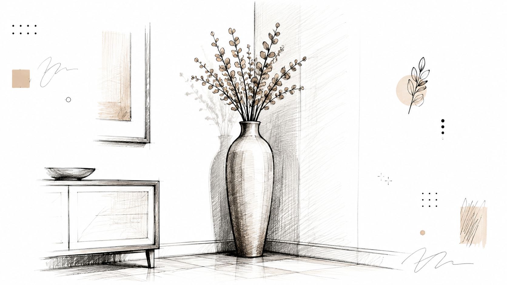 Schizzo artistico di un vaso alto ed elegante in un angolo moderno con rami decorativi