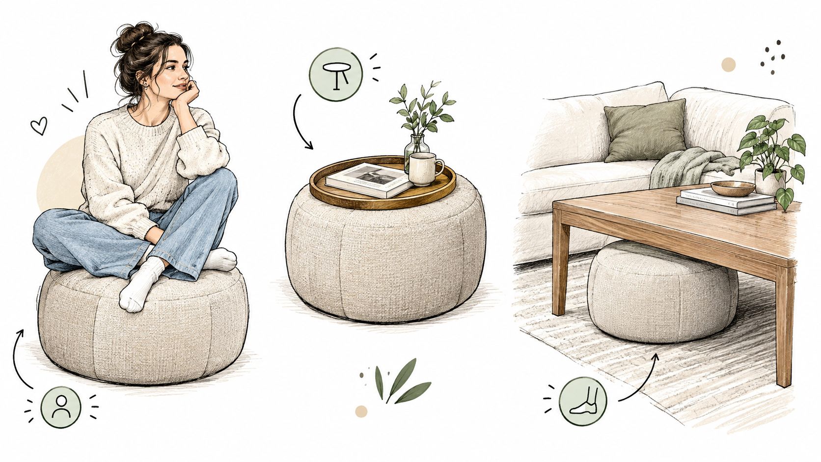 Illustrazione che mostra vari utilizzi di un pouf rotondo in un ambiente domestico accogliente.