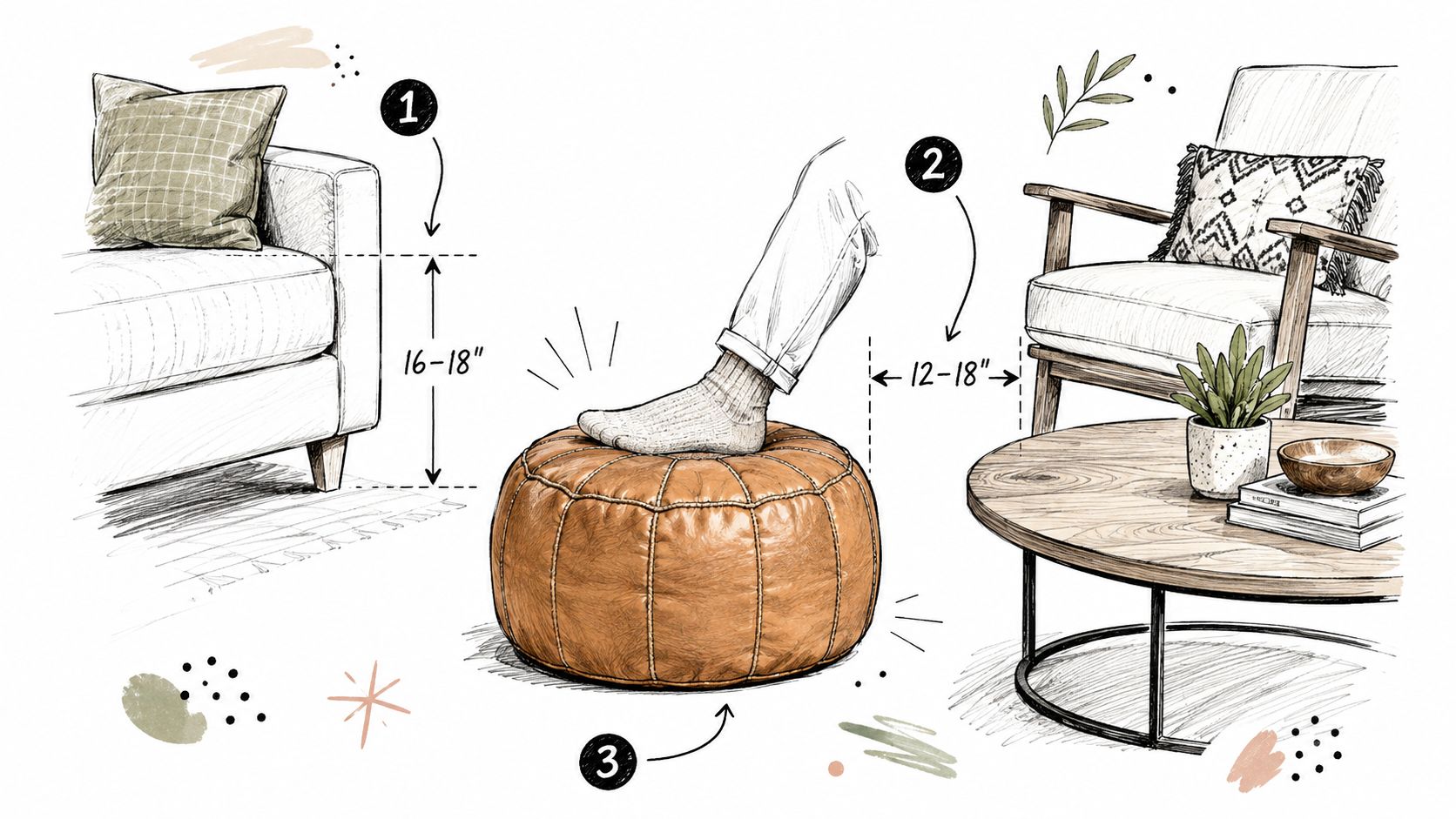 Illustrazione di design che mostra le misure ideali per posizionare un pouf in pelle in un soggiorno.
