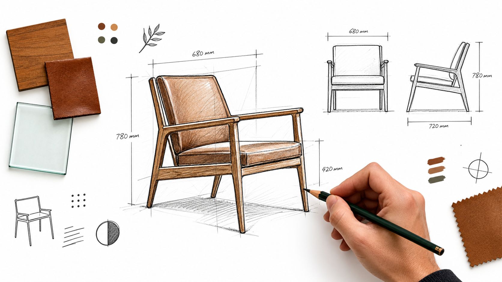 Un designer disegna una poltrona in stile moderno con dettagli tecnici, campioni di tessuto e legno.