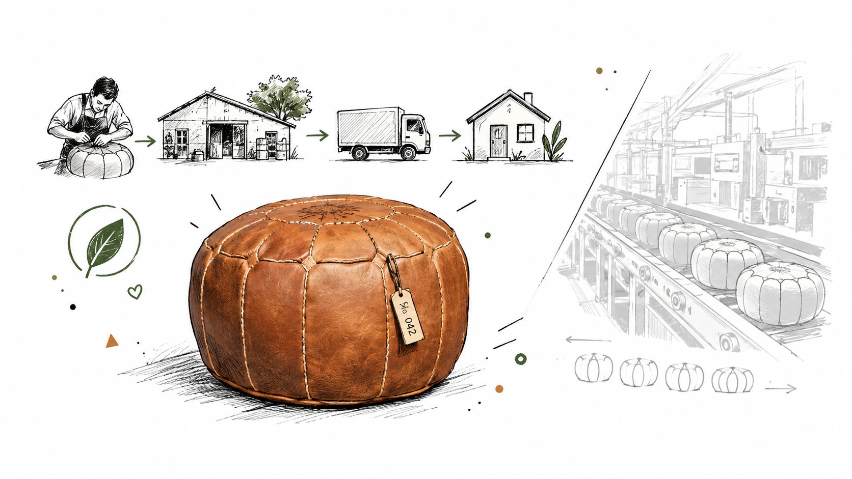 Un pouf in pelle di design artigianale mostrato nel suo processo di produzione e spedizione verso casa.