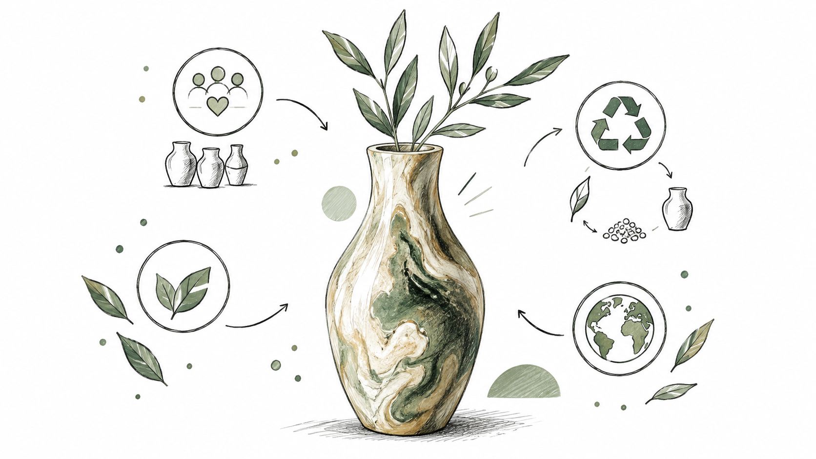 Illustrazione concettuale che mostra vasi di design in resina circondati da icone eco-sostenibili e naturali.
