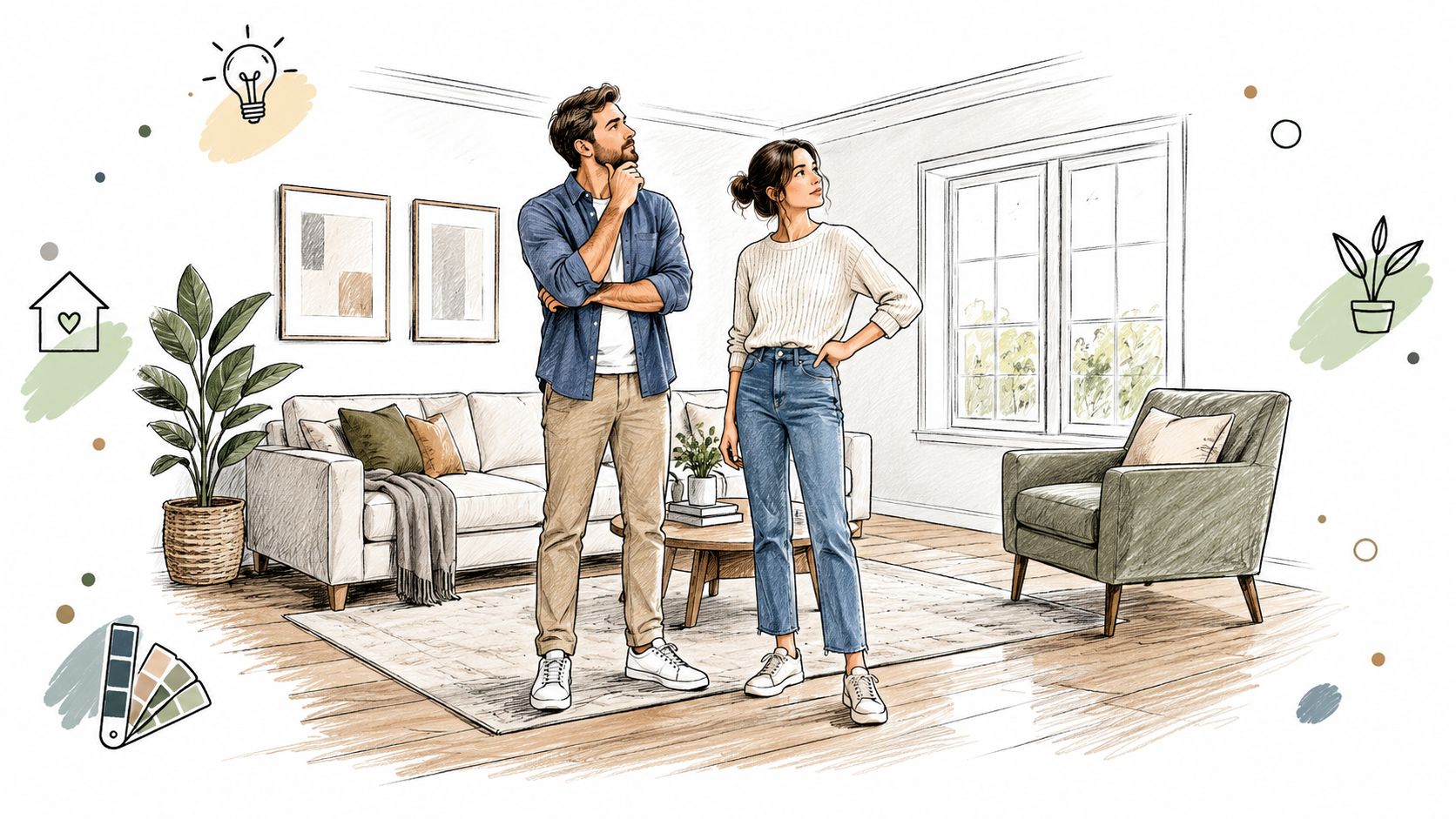 Una giovane coppia felice osserva il soggiorno arredato con stile moderno e piante decorative, disegno artistico colorato.