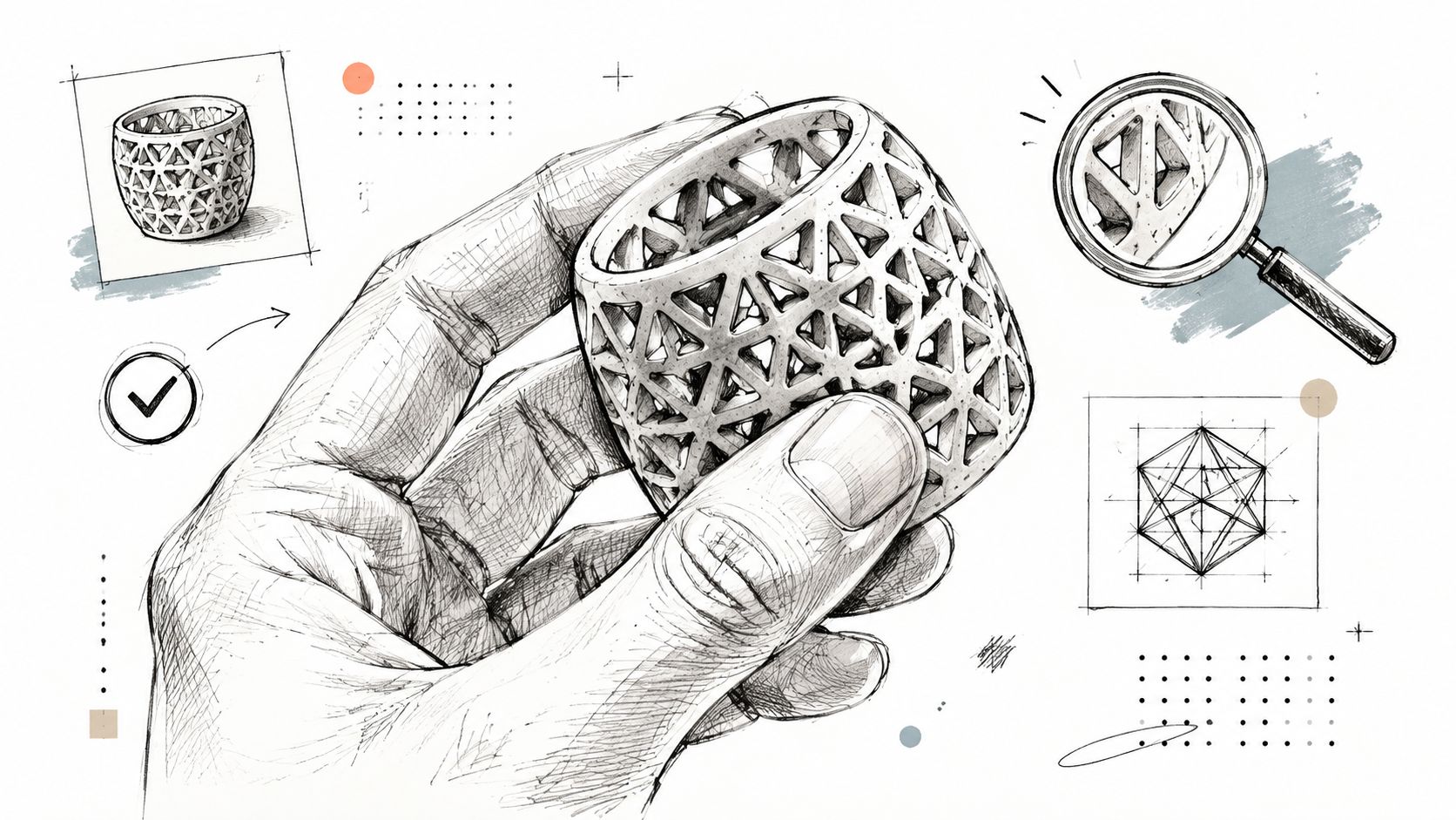 Una mano che sostiene un oggetto artistico realizzato tramite stampa 3D con un complesso design geometrico.