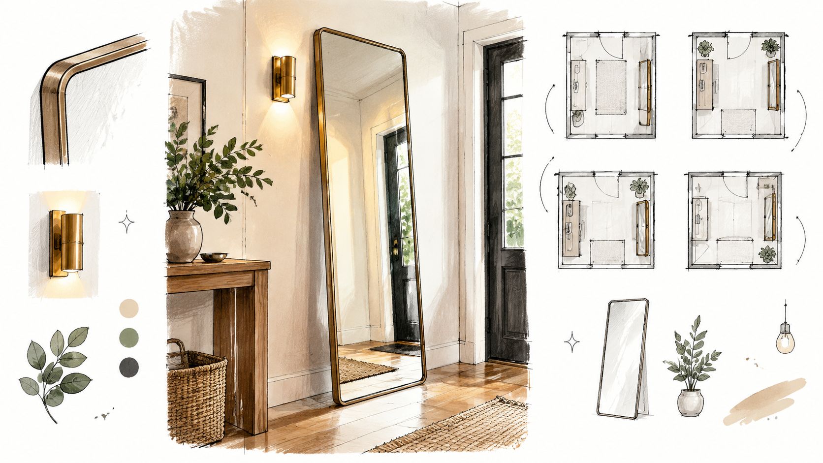 Schizzo artistico di un ingresso elegante con specchio da terra, console in legno e lampade a parete.