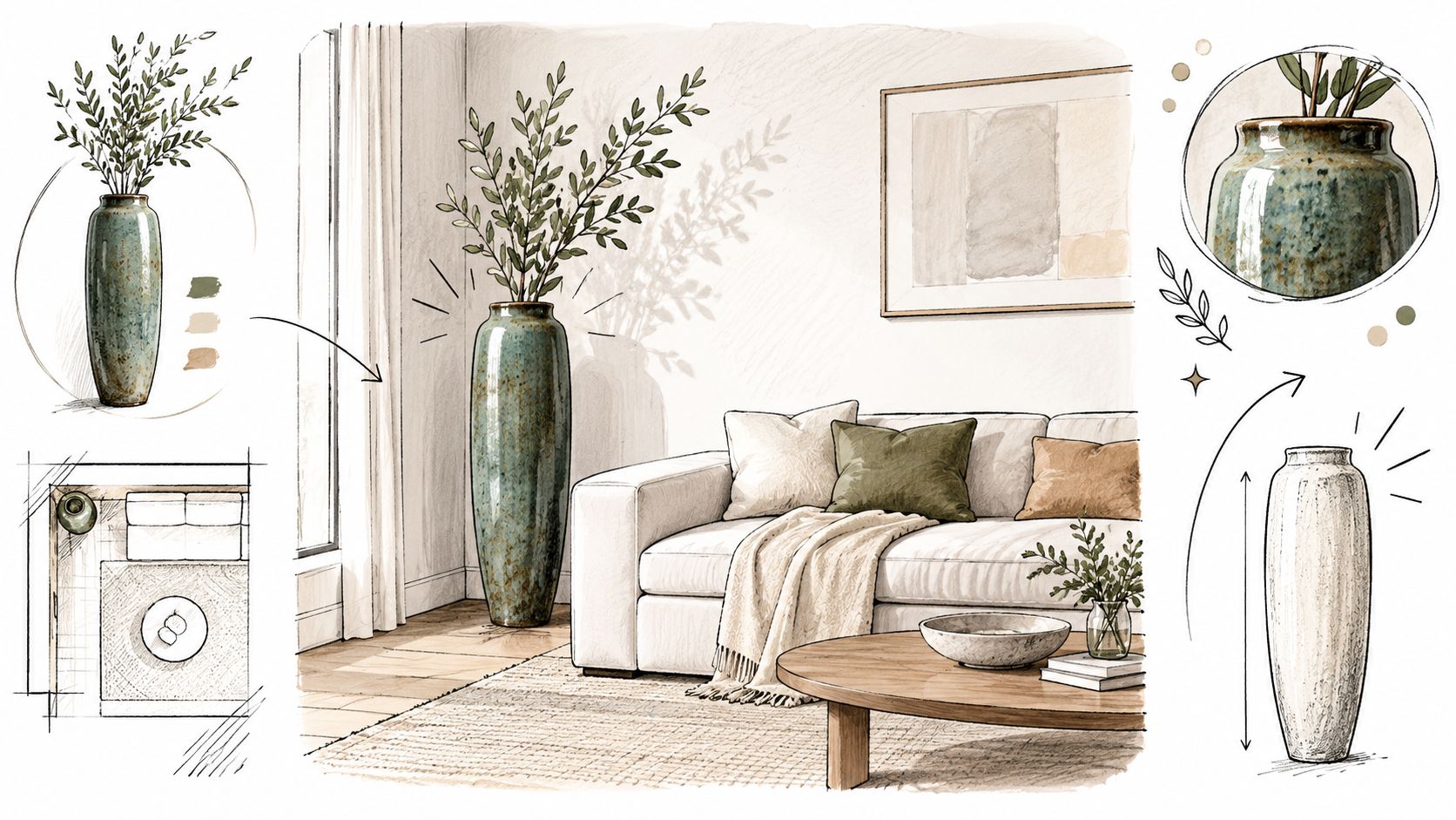 Illustrazione di design d'interni con vasi alti colorati per decorare un soggiorno moderno con divano beige.