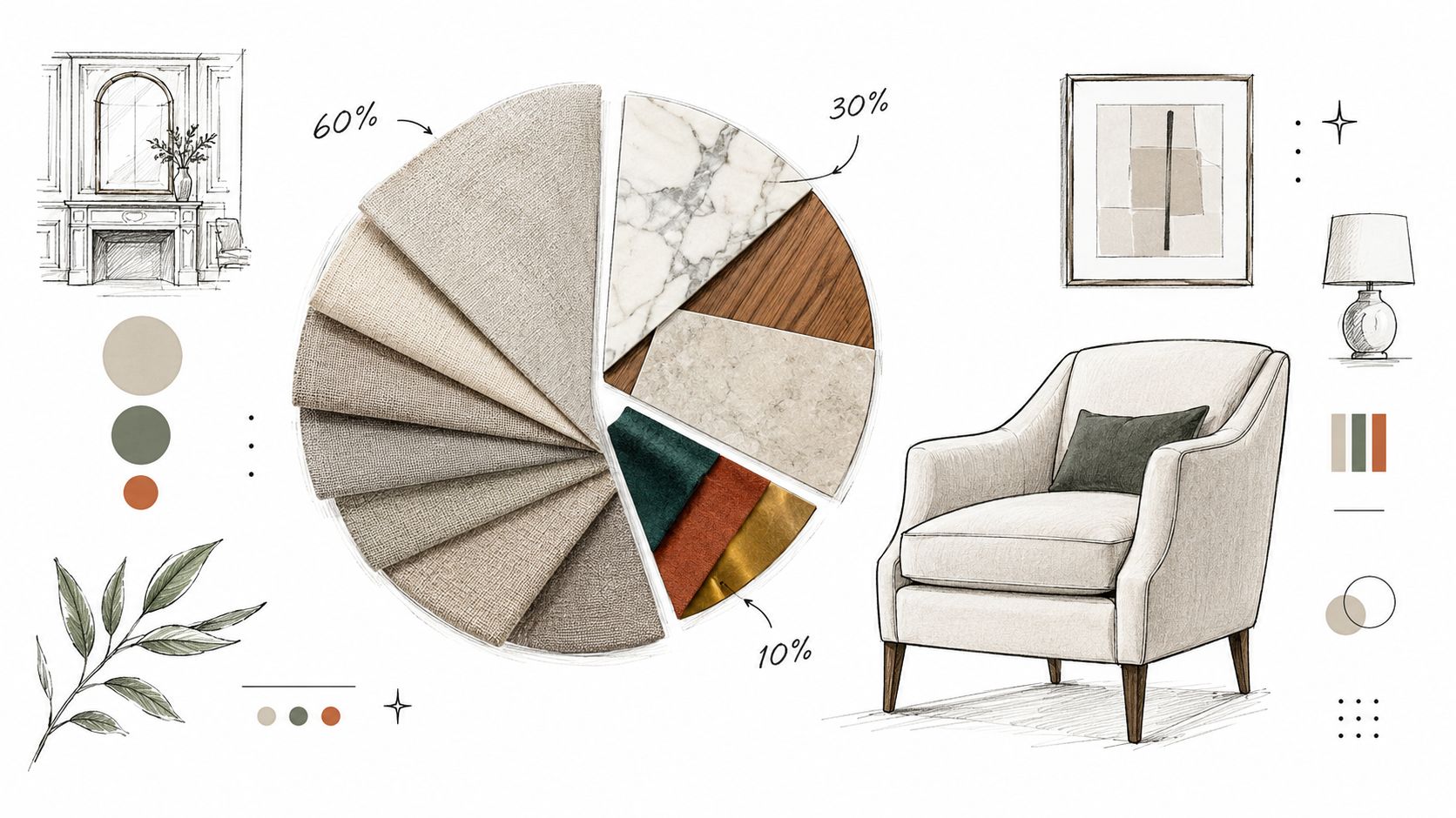 Moodboard di design d'interni con campioni di tessuti neutri, legno, marmo, colori verde e arancione.