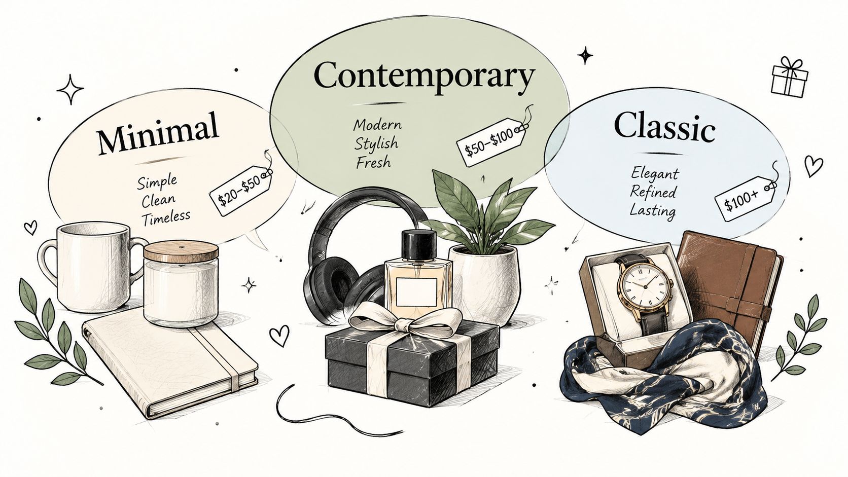 Illustrazione artistica che classifica idee regalo per anniversario in tre categorie: minimalista, contemporanea e classica con fasce prezzo.