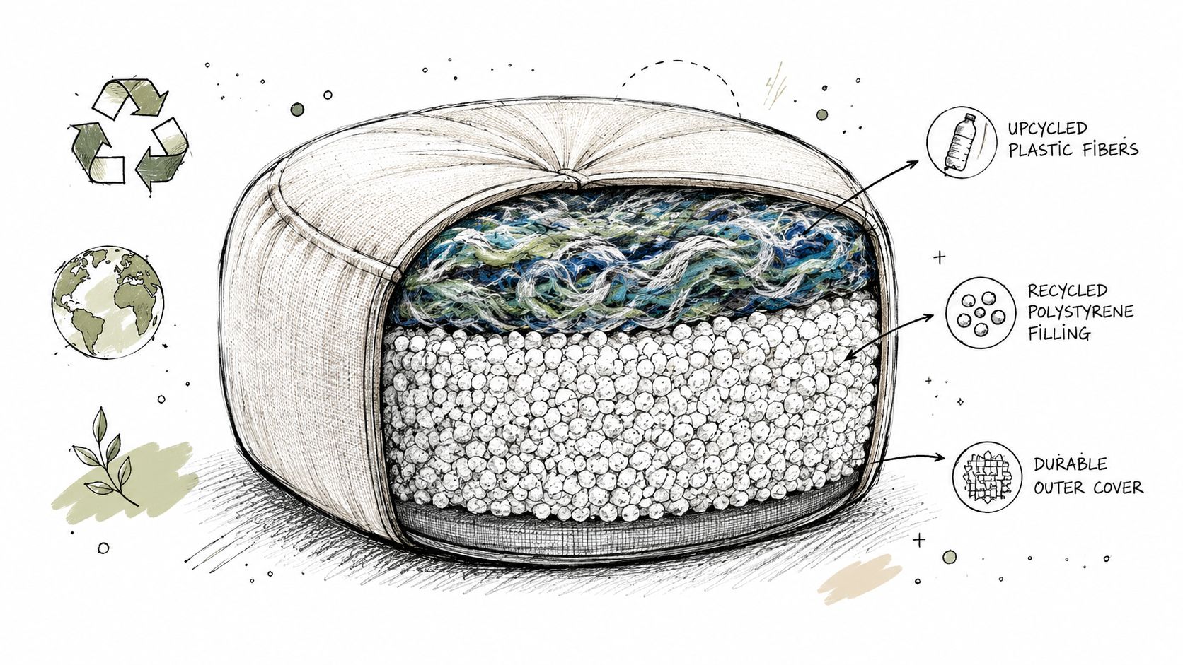 Illustrazione tecnica in sezione di un pouf ecologico con strati di materiali riciclati e di recupero.