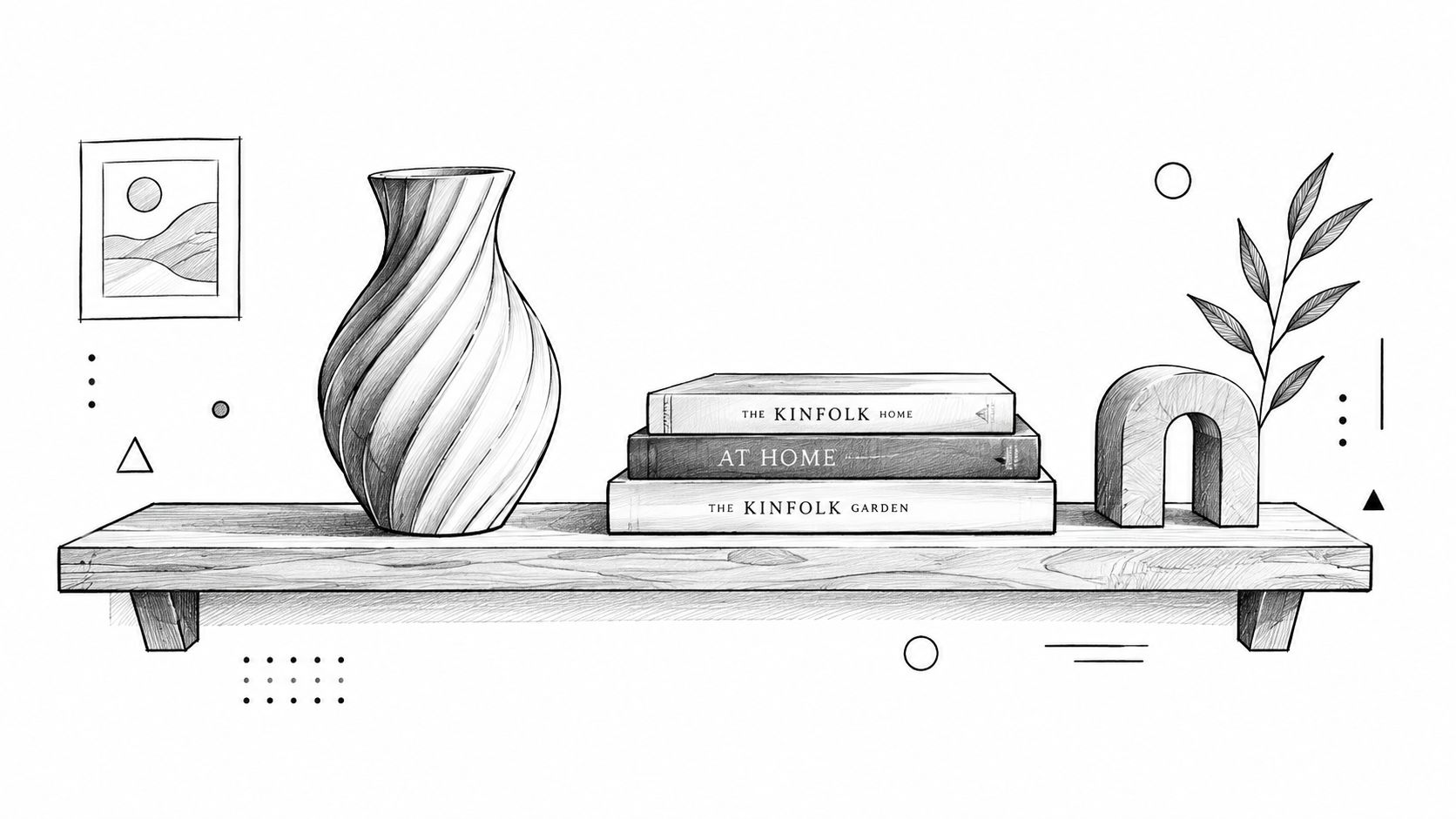 Disegno artistico a matita di una mensola moderna decorata con un vaso a spirale, libri e piante.