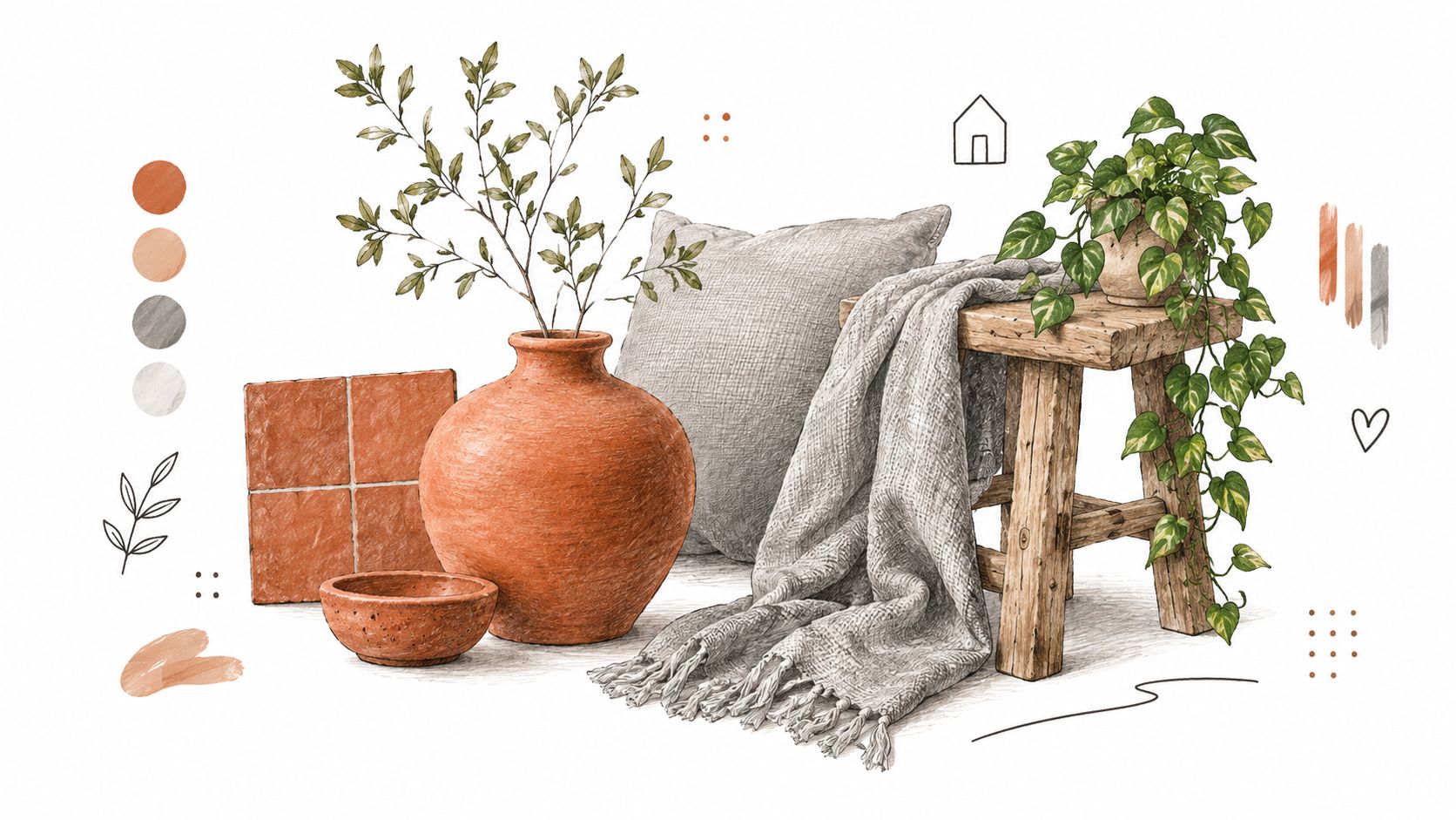 Illustrazione artistica che mostra un vaso in terracotta, una coperta grigia e piante in un ambiente accogliente.