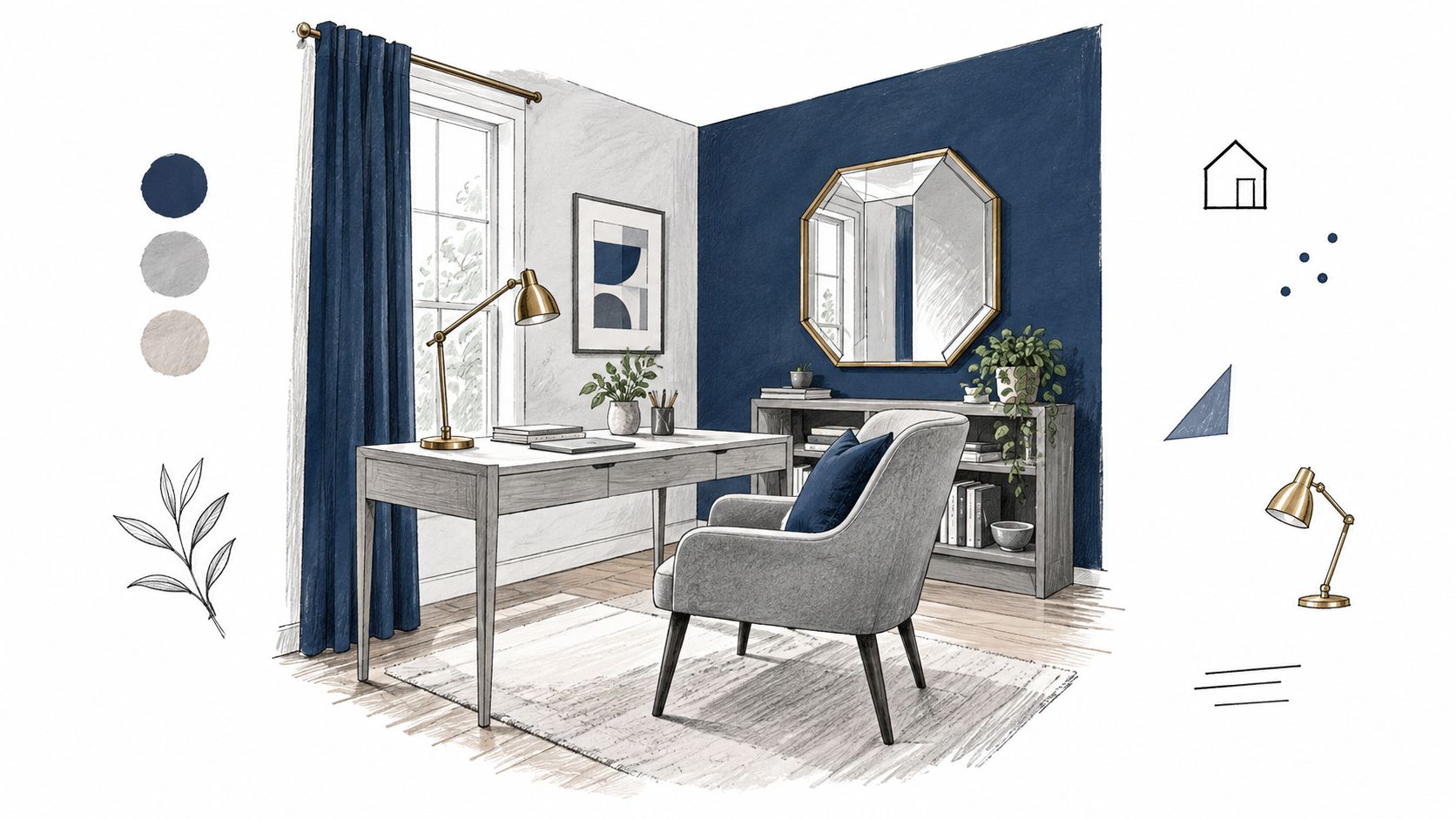 Un accogliente ufficio domestico con una scrivania di legno, una poltrona grigia e un'elegante parete blu scuro.