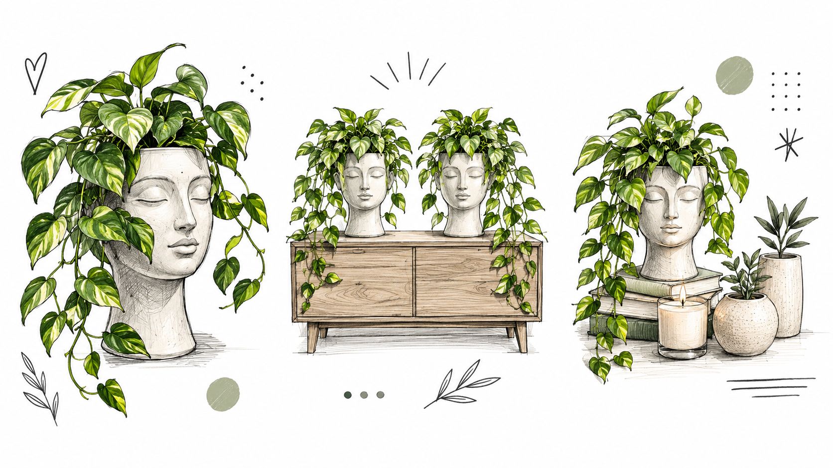 Illustrazione artistica di vasi a forma di testa umana decorati con piante verdi ricadenti, stile schizzo elegante.