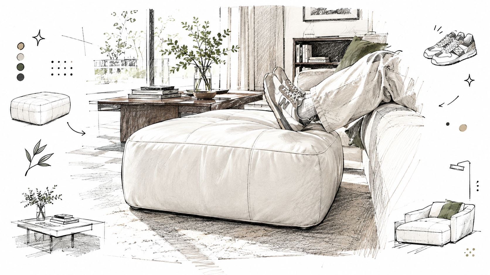 Un accogliente pouf in pelle bianca in un salotto arredato con stile moderno e rilassante.