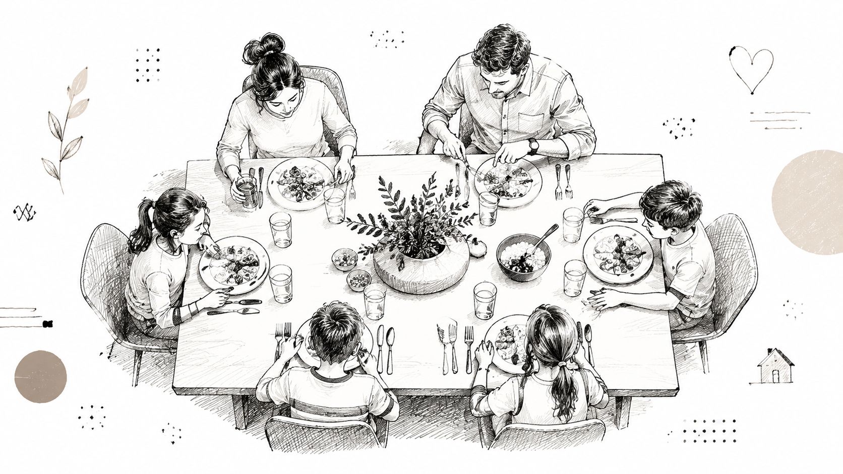 Una famiglia riunita attorno a un tavolo da pranzo con un centrotavola di design moderno nel centro.