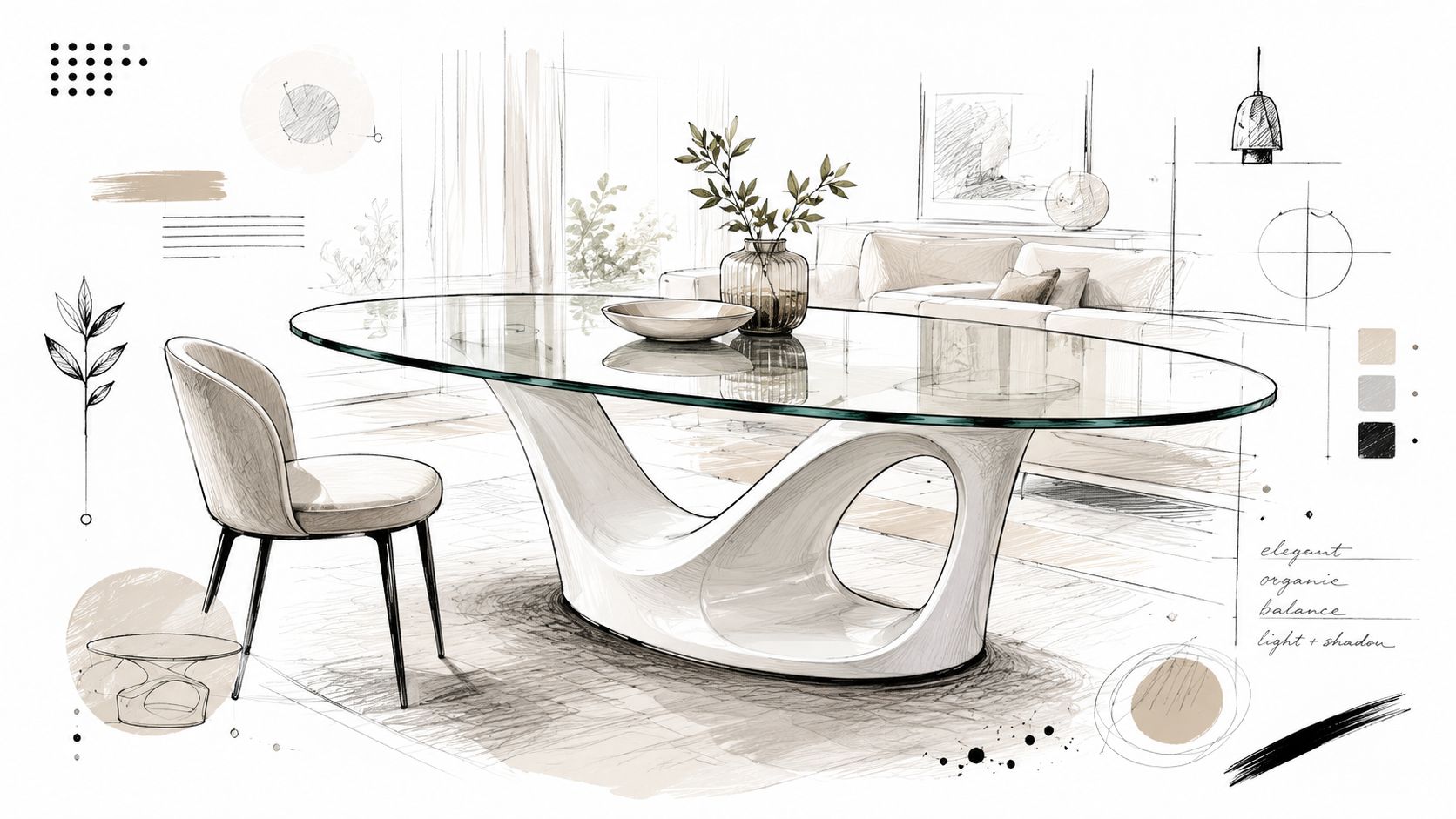 Schizzo architettonico di un elegante tavolo moderno di design con piano in vetro e base scultorea organica.