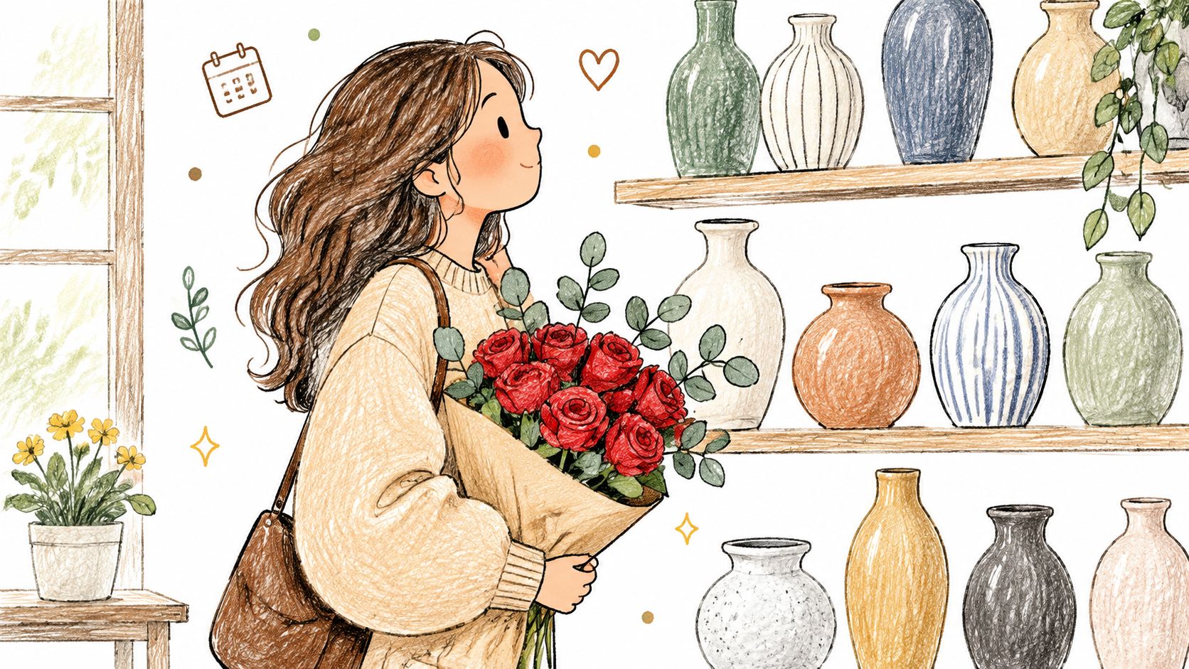 Una ragazza con lunghi capelli castani tiene un mazzo di rose rosse in un negozio di ceramiche.