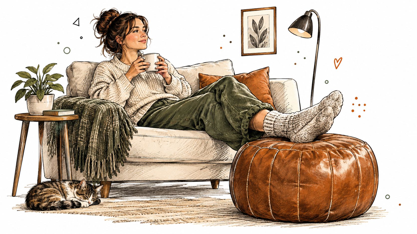 Una donna rilassata seduta su un divano con una tazza in mano vicino a un pouf in pelle.