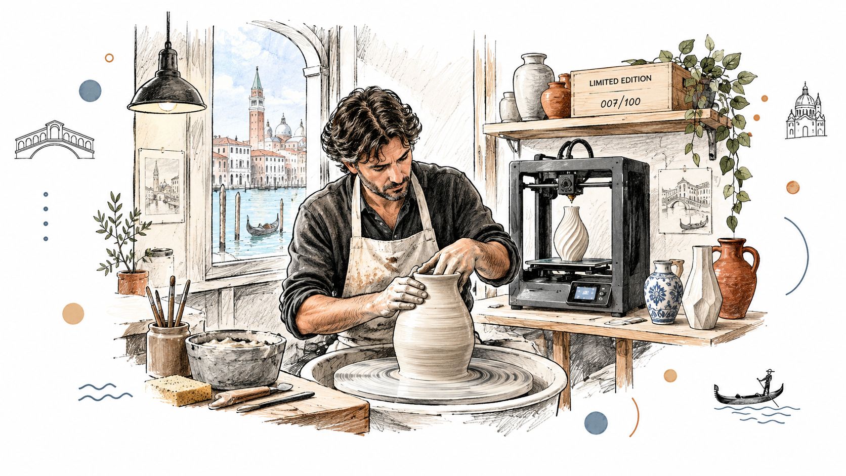 Un artigiano che modella un vaso di ceramica in un laboratorio con una stampante 3D e vista su Venezia.