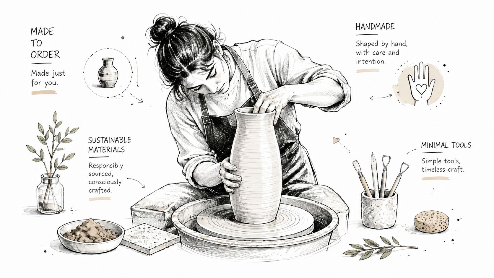 Illustrazione a matita di una ceramista che modella un vaso al tornio in un ambiente artigianale creativo.
