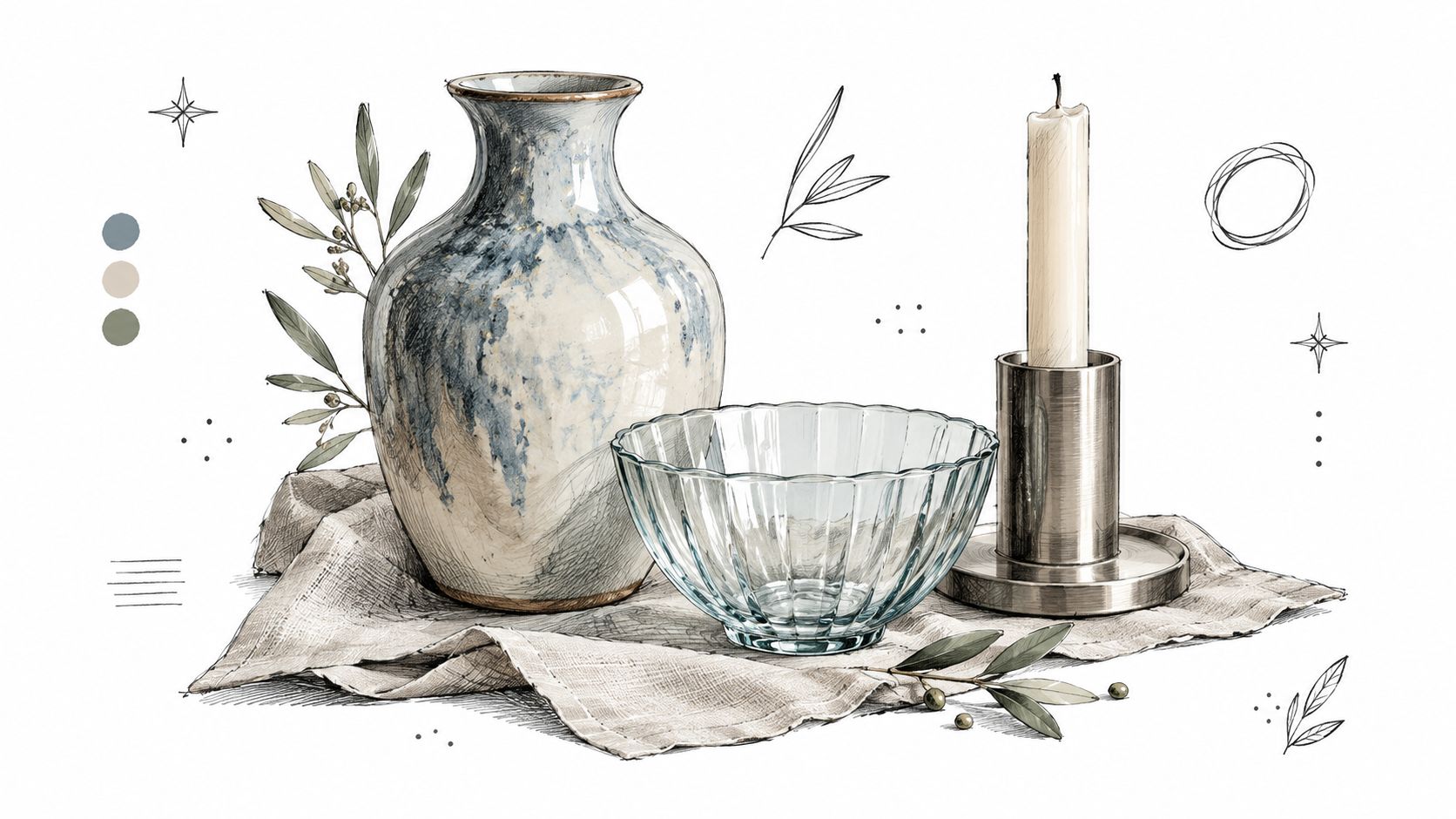 Illustrazione artistica di un vaso in ceramica, una ciotola di vetro e una candela su un tessuto