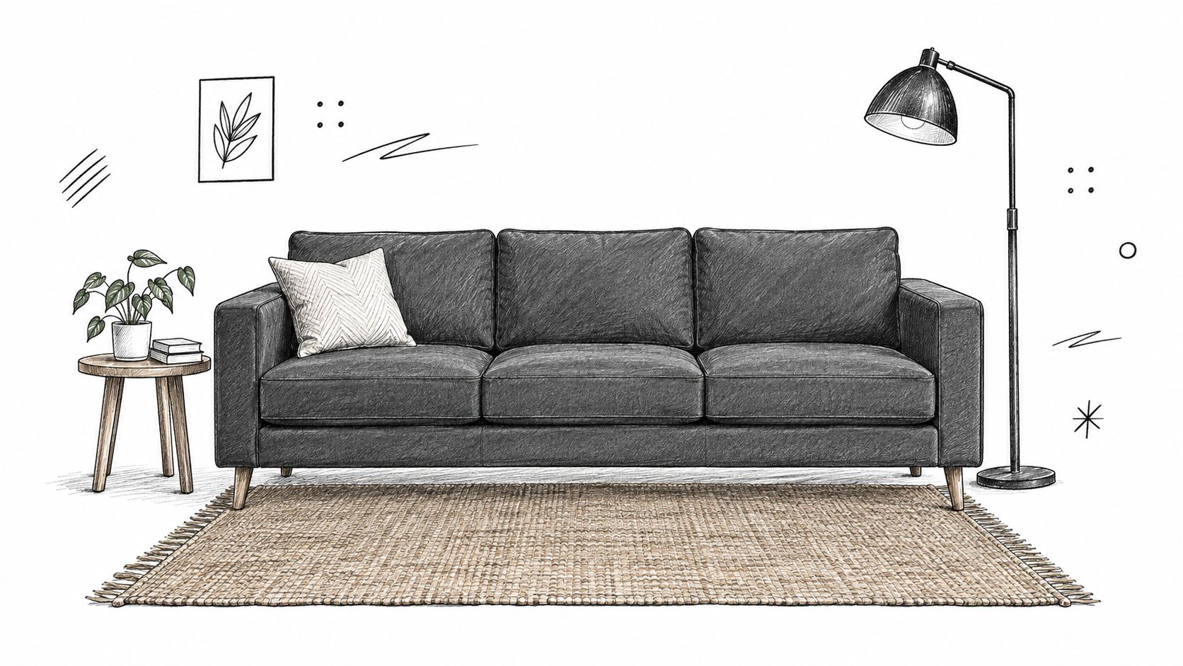 Un divano moderno e confortevole con cuscino, lampada da terra e tavolino con pianta in un salotto luminoso.