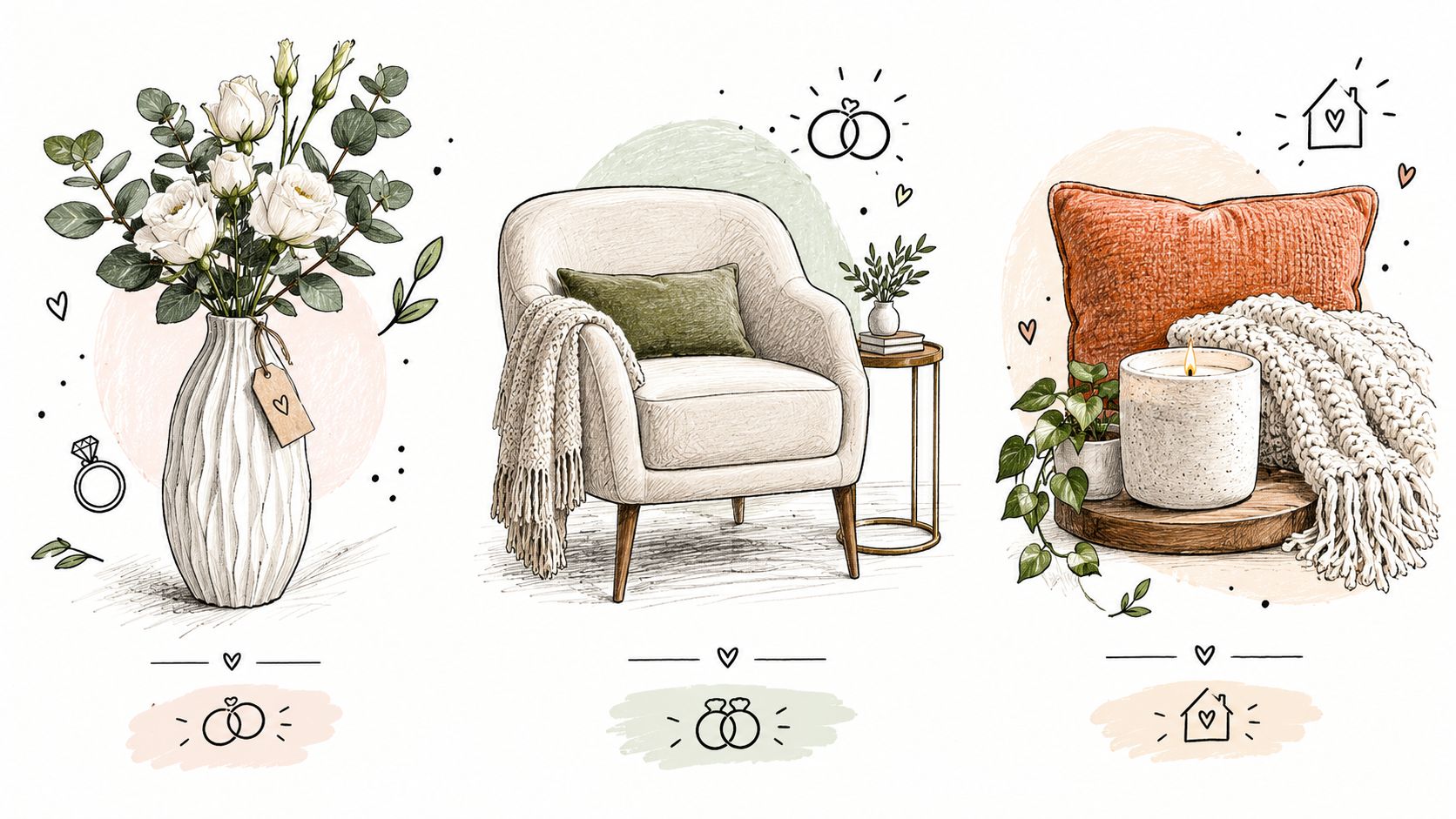Un set di illustrazioni con un vaso di fiori, una poltrona accogliente e decorazioni per la casa.