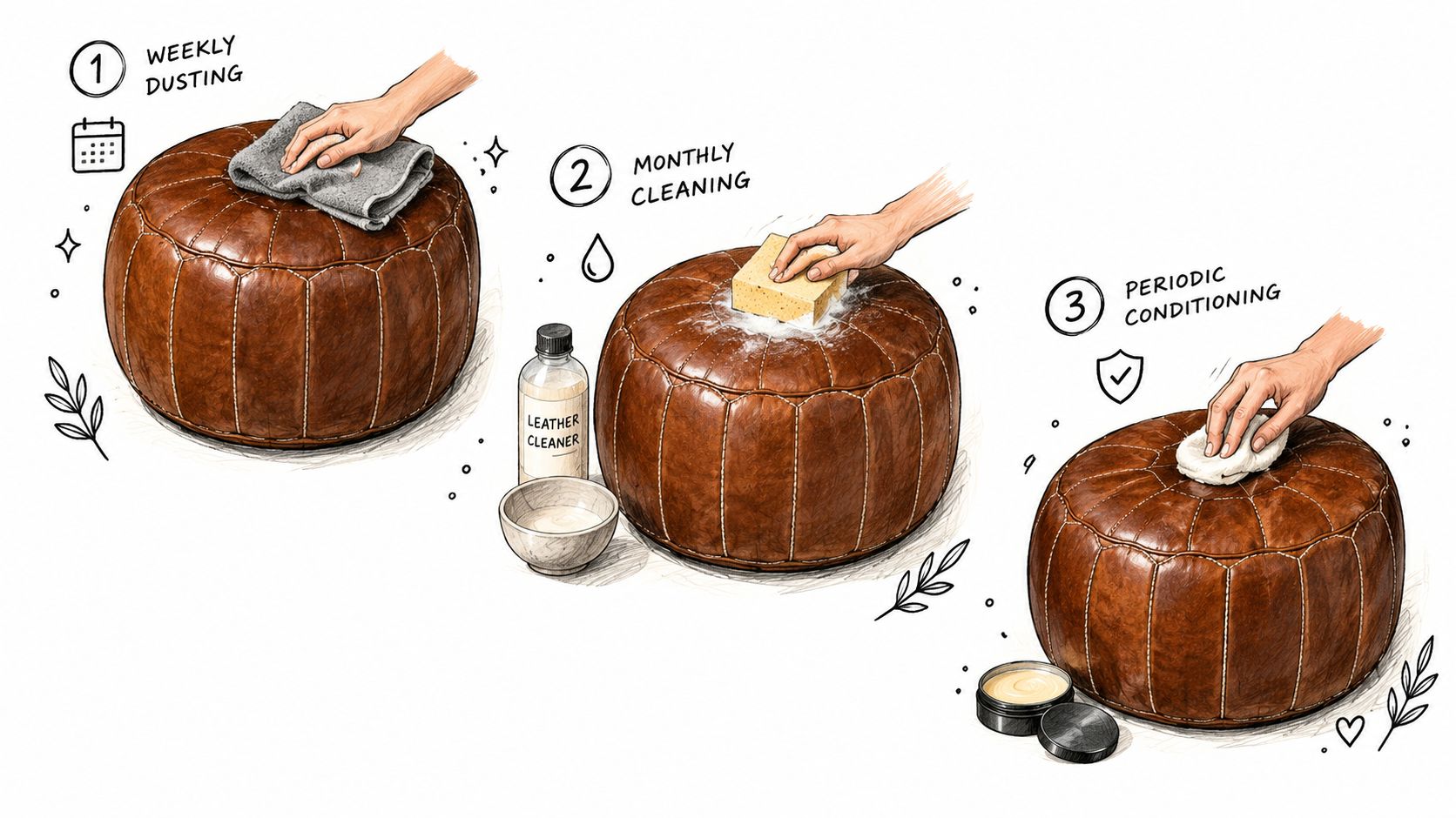 Illustrazione che mostra tre passaggi per la manutenzione e la cura corretta di un pouf in pelle marrone