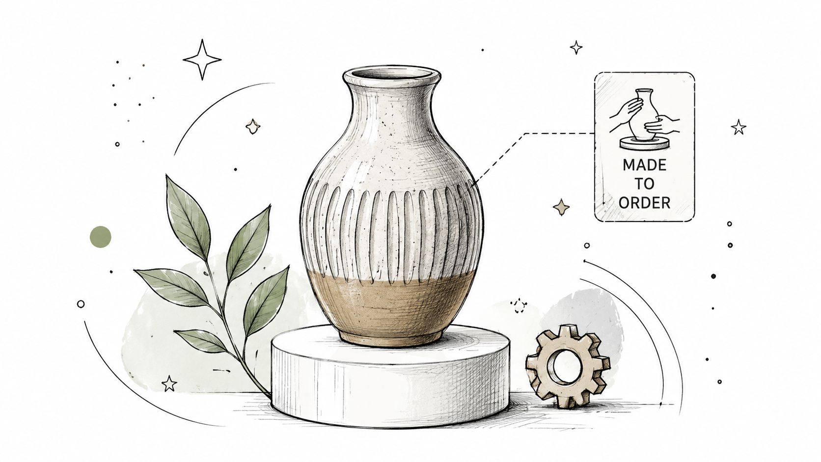 Un vaso in ceramica fatto a mano su una base circolare con foglie verdi e ingranaggi decorativi.