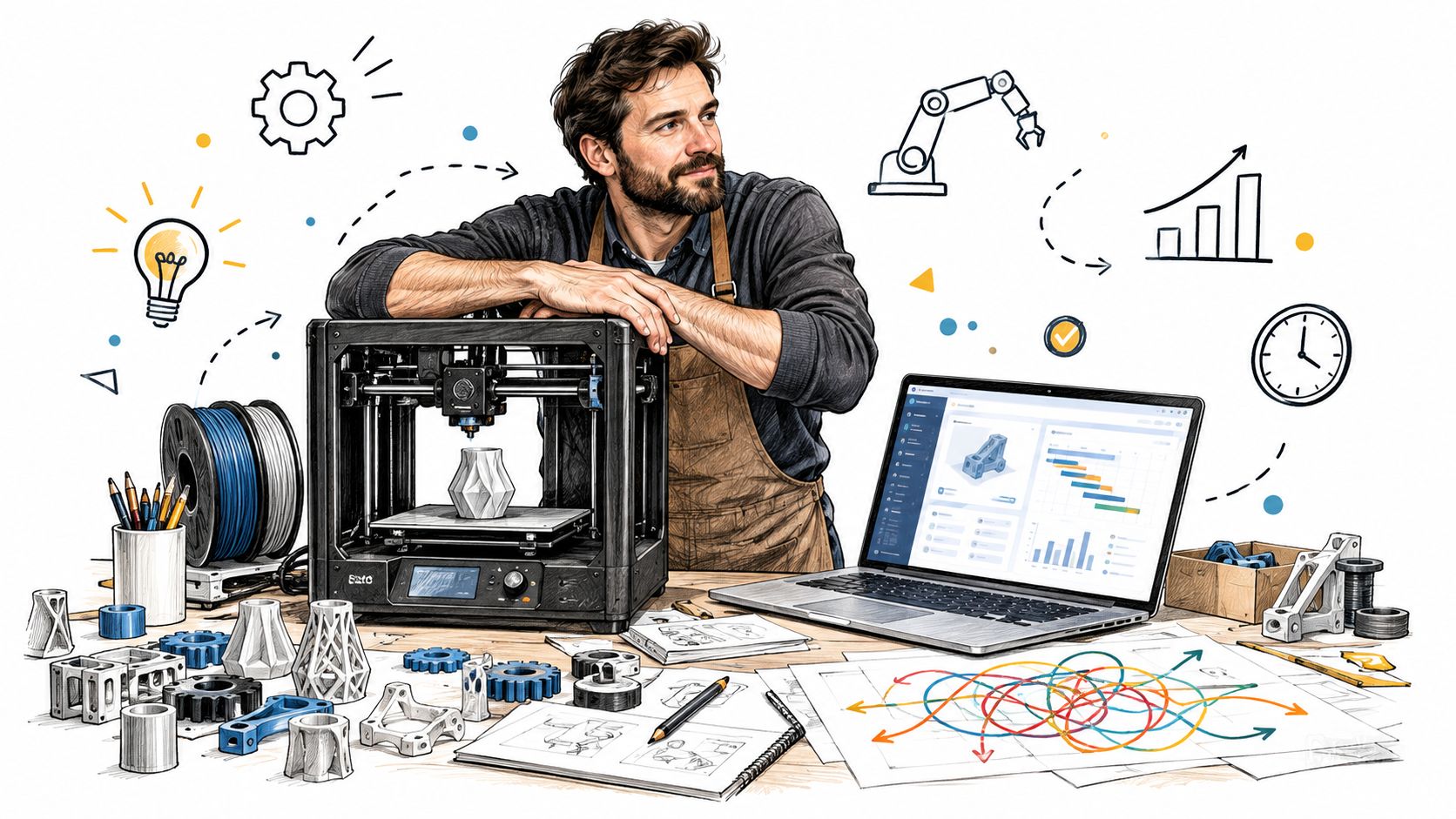 Un designer professionista che supervisiona la stampa 3D nel suo studio moderno circondato da strumenti e grafici.