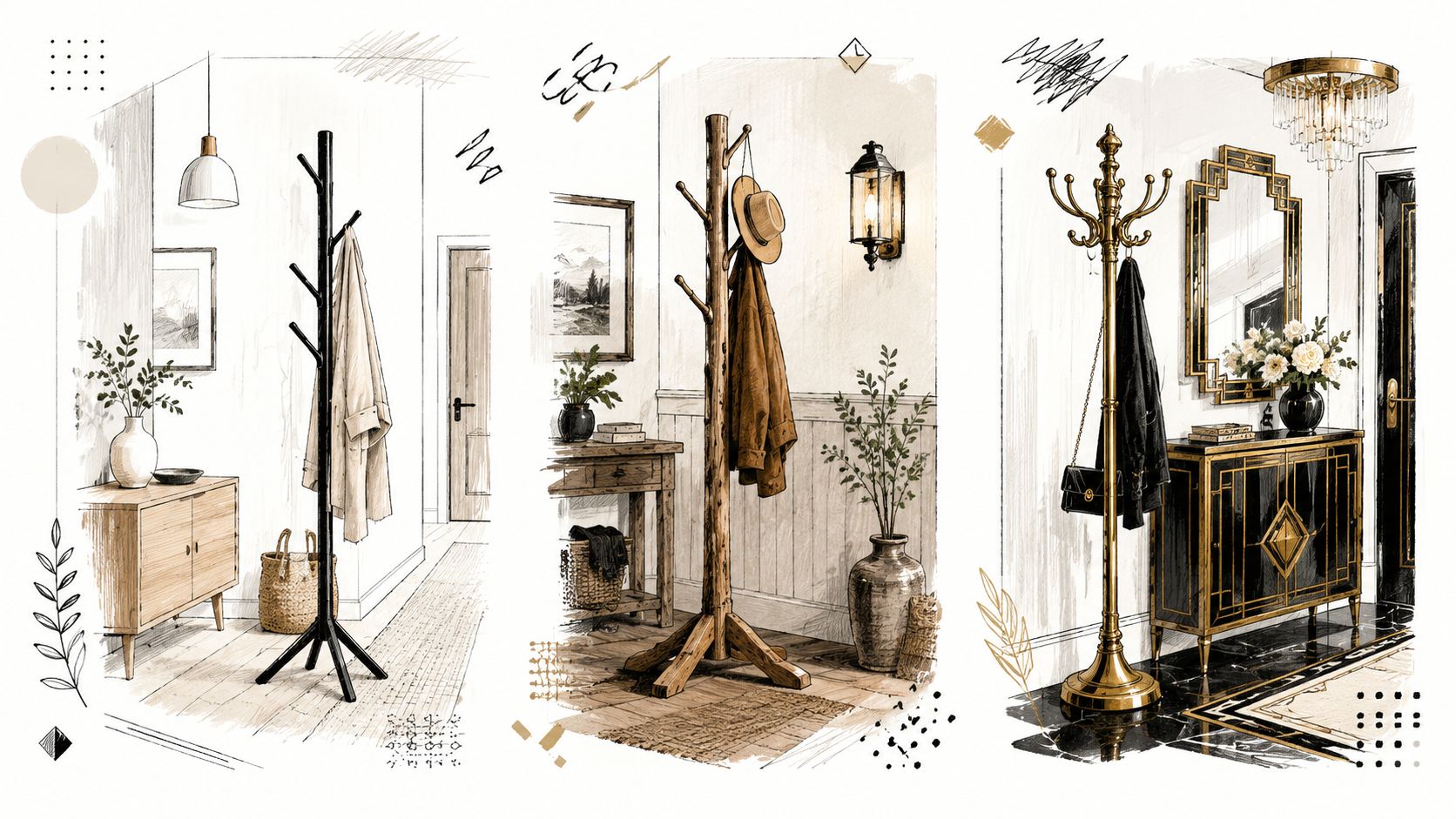 Tre diverse illustrazioni di appendiabiti da terra dal design moderno, rustico e classico in eleganti interni domestici.