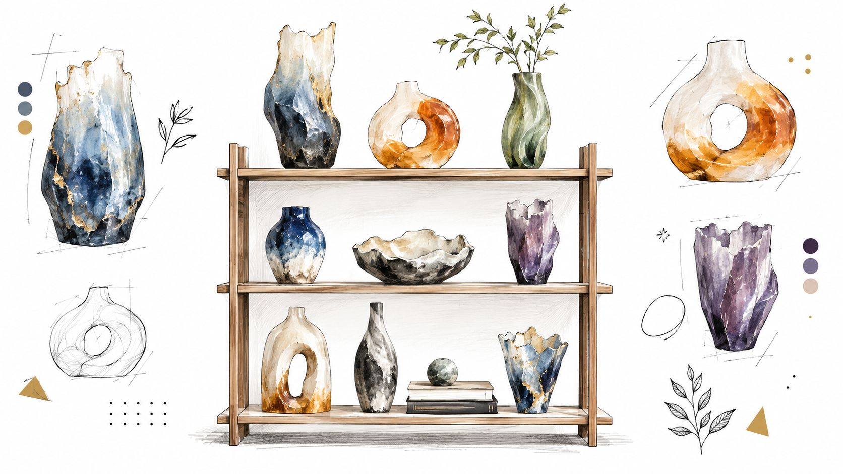 Illustrazione artistica di scaffali in legno con vari vasi di design in resina dal look moderno ed elegante.