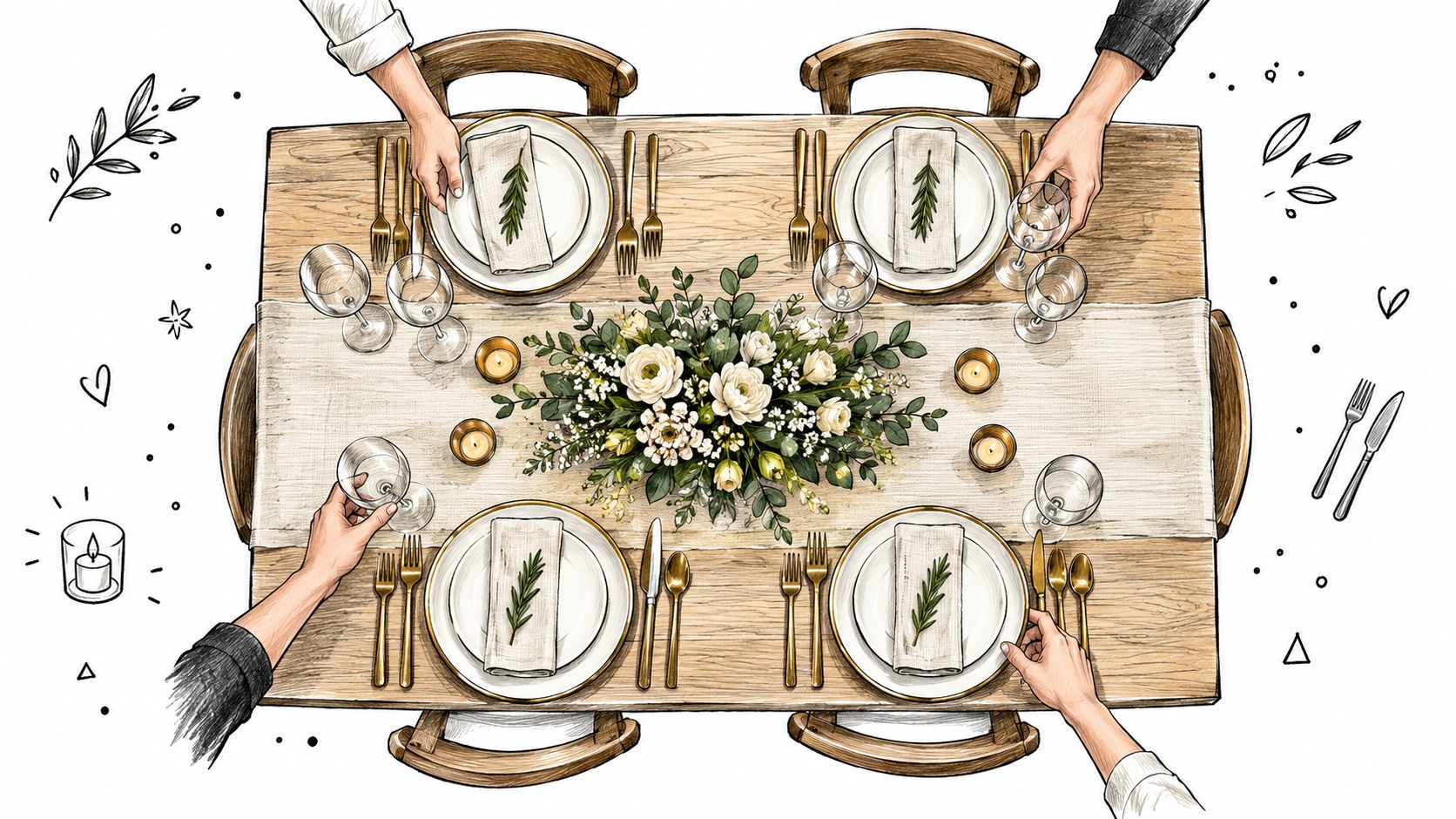 Una vista dall'alto di una tavola apparecchiata elegantemente con decorazioni floreali, posate dorate e piatti per gli ospiti.