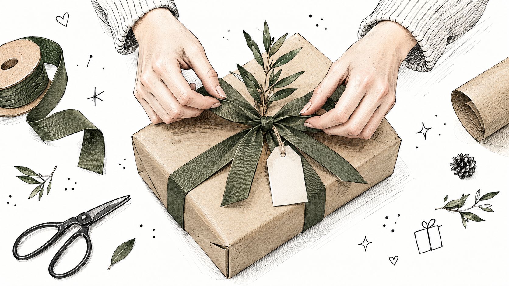 Mani che confezionano un regalo avvolto in carta marrone con un nastro verde e decorazioni naturali.