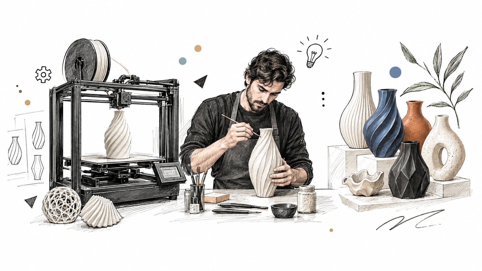 Un artista rifinisce con cura un vaso stampato in 3D in un laboratorio di design creativo.