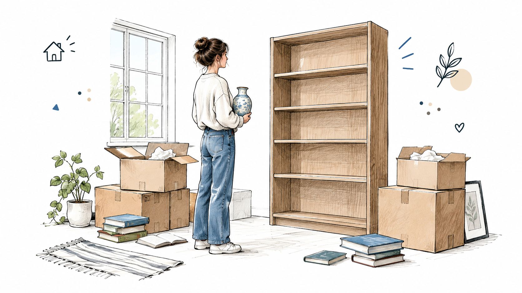 Una donna che tiene un vaso decorativo davanti a una libreria in legno circondata da scatoloni