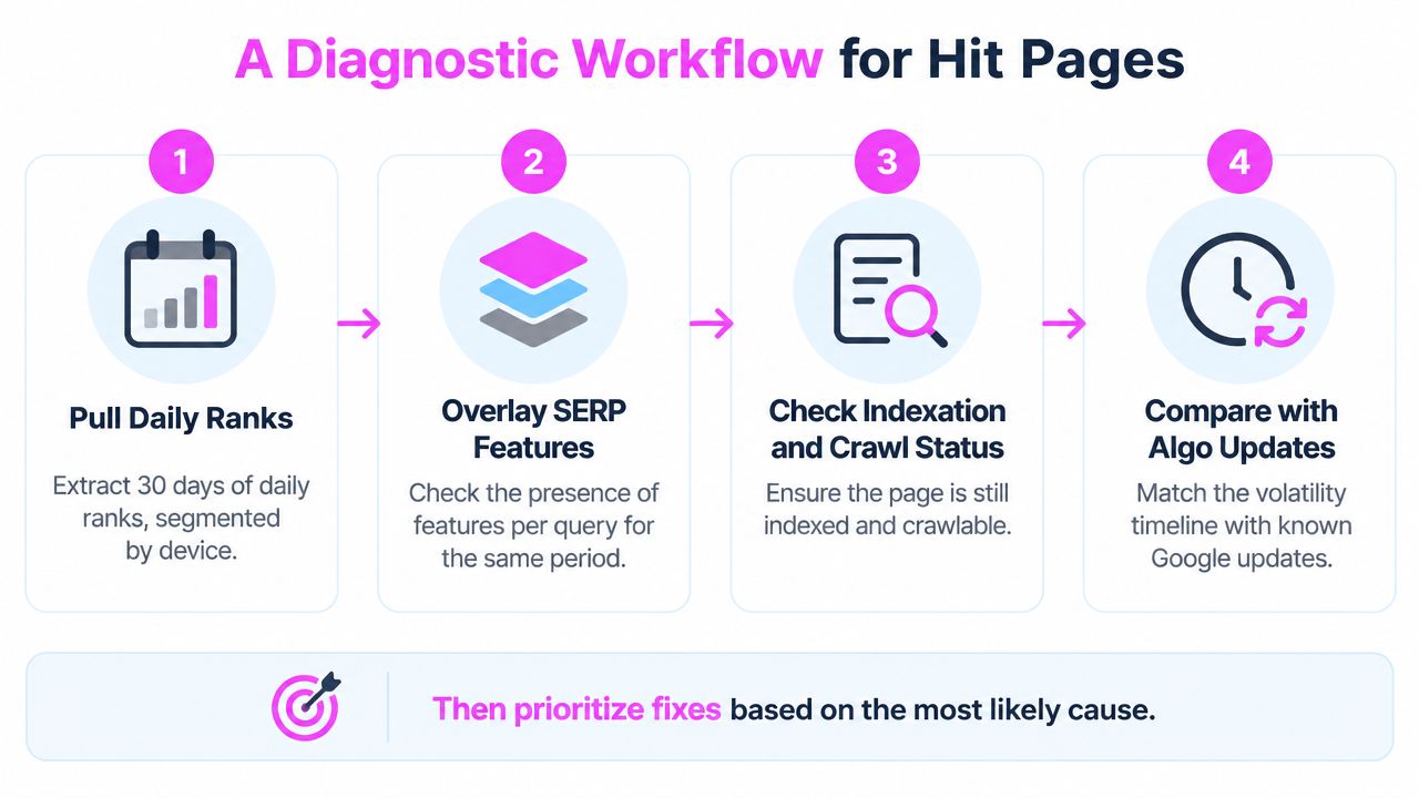 A four-step diagnostic workflow chart for analyzing SEO hit pages and identifying search ranking factors.