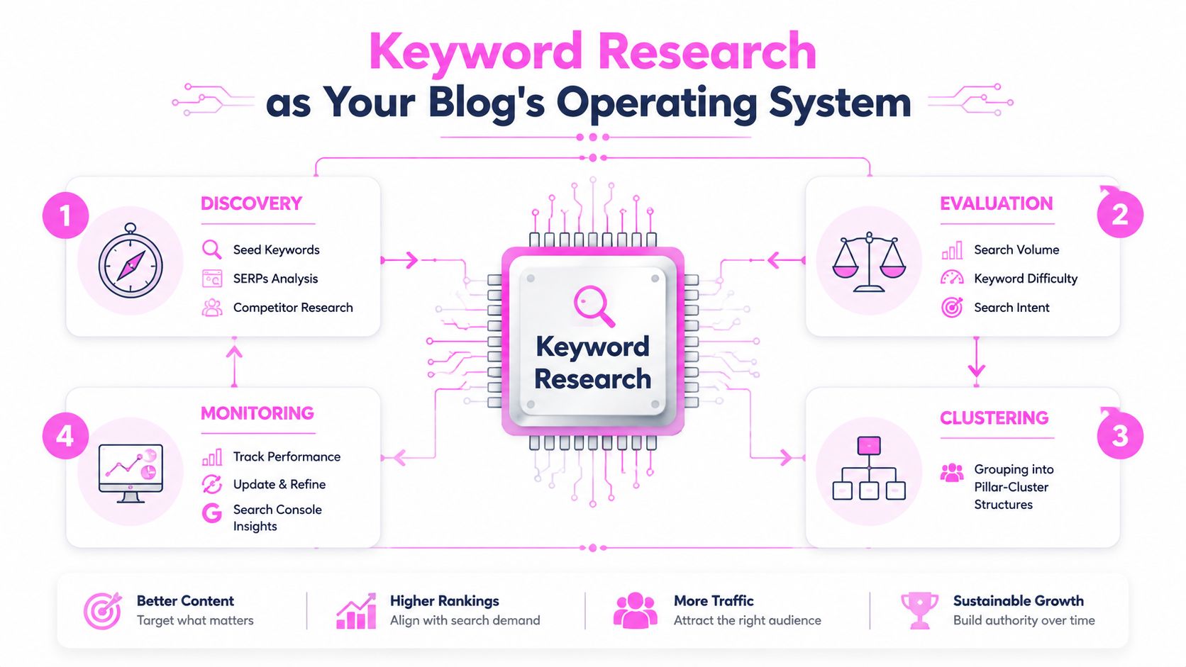 A diagram illustrating a four-step framework for keyword research as an operating system for blog websites.