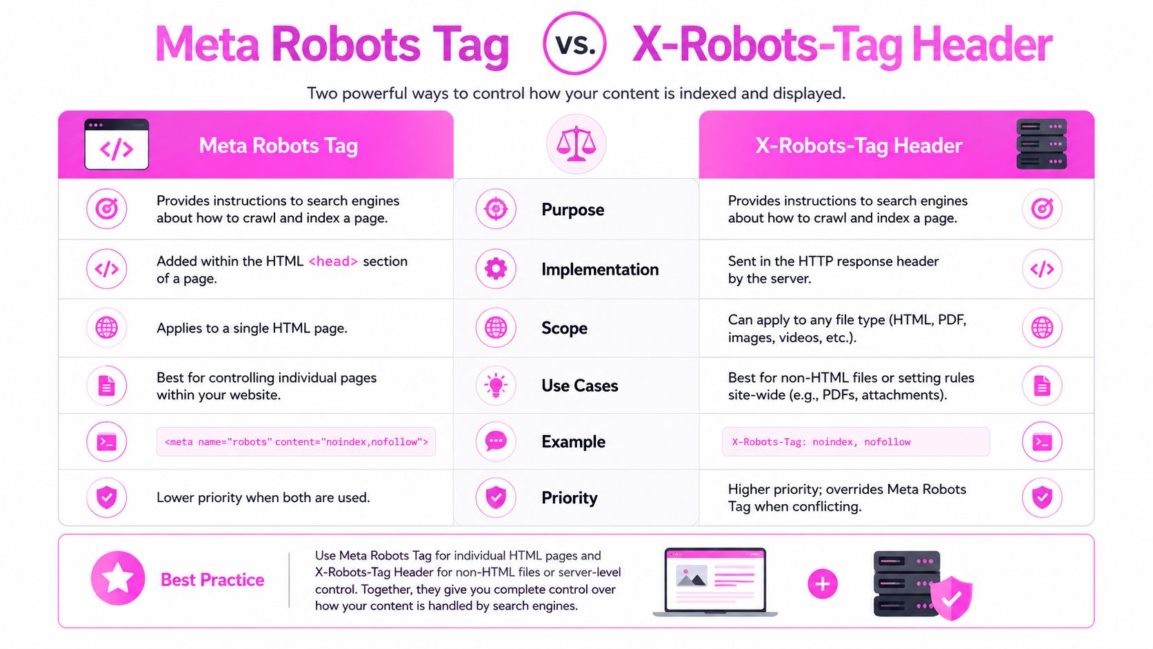 Eine Vergleichstabelle, die die Unterschiede zwischen Meta Robots Tags und X-Robots-Tag-Headern für die SEO-Indexationskontrolle erklärt.