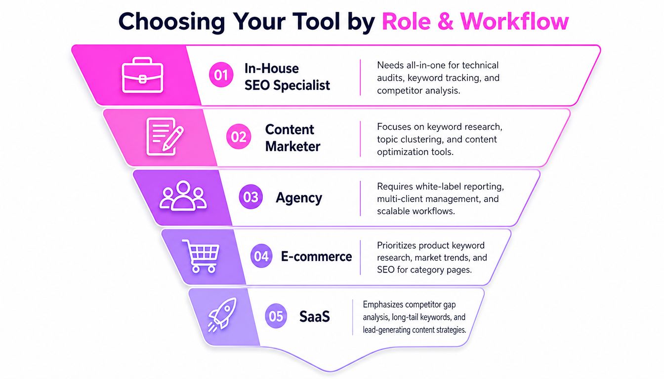 A funnel diagram outlining SEO tool selection based on five different professional roles and workflows.