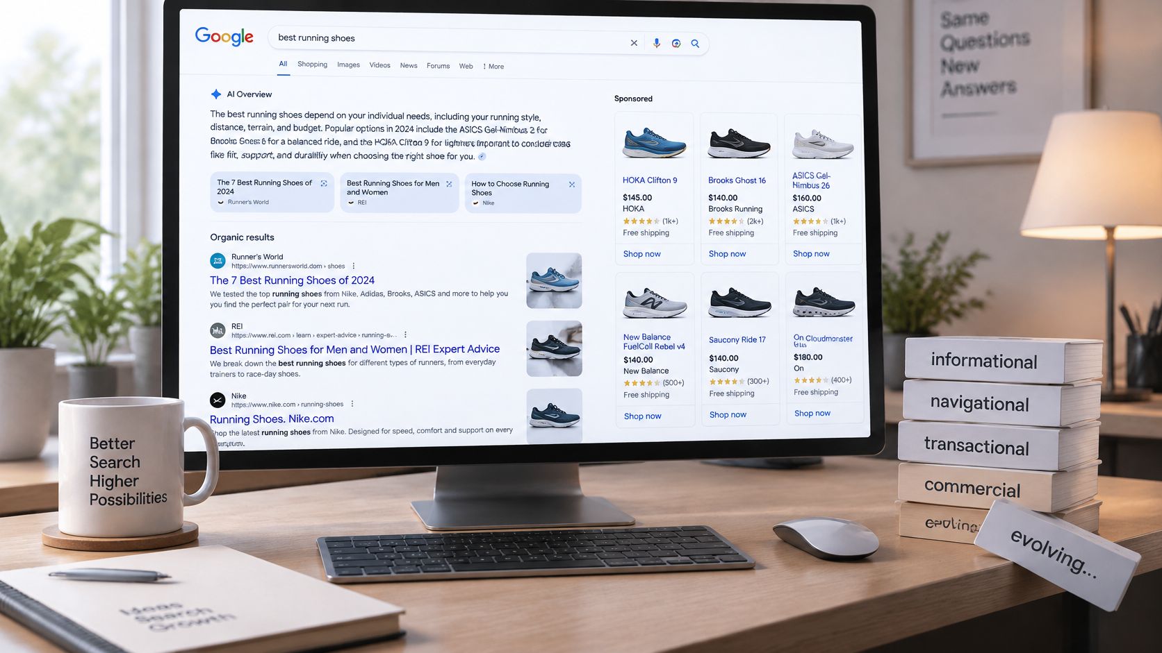 Computer screen displaying a Google search results page for running shoes on a desk with educational blocks.