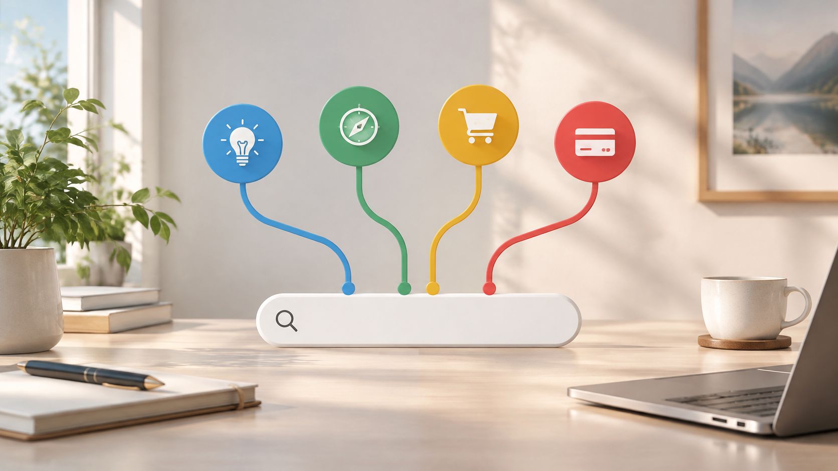 A 3D search bar on a desk with four colorful icons illustrating business concept classification examples.