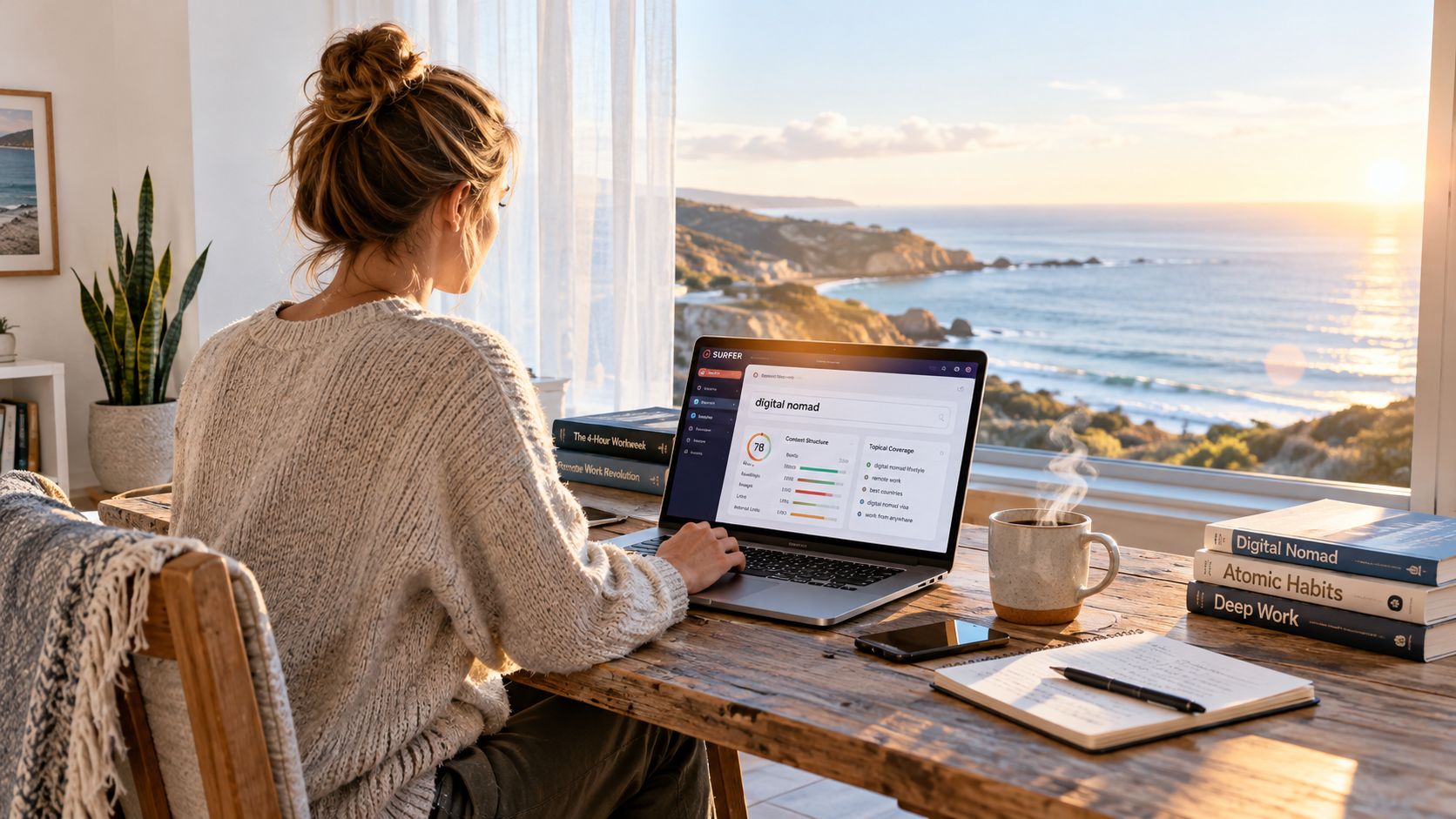 A woman working remotely on a laptop with Surfer SEO software overlooking a beautiful ocean view sunset.